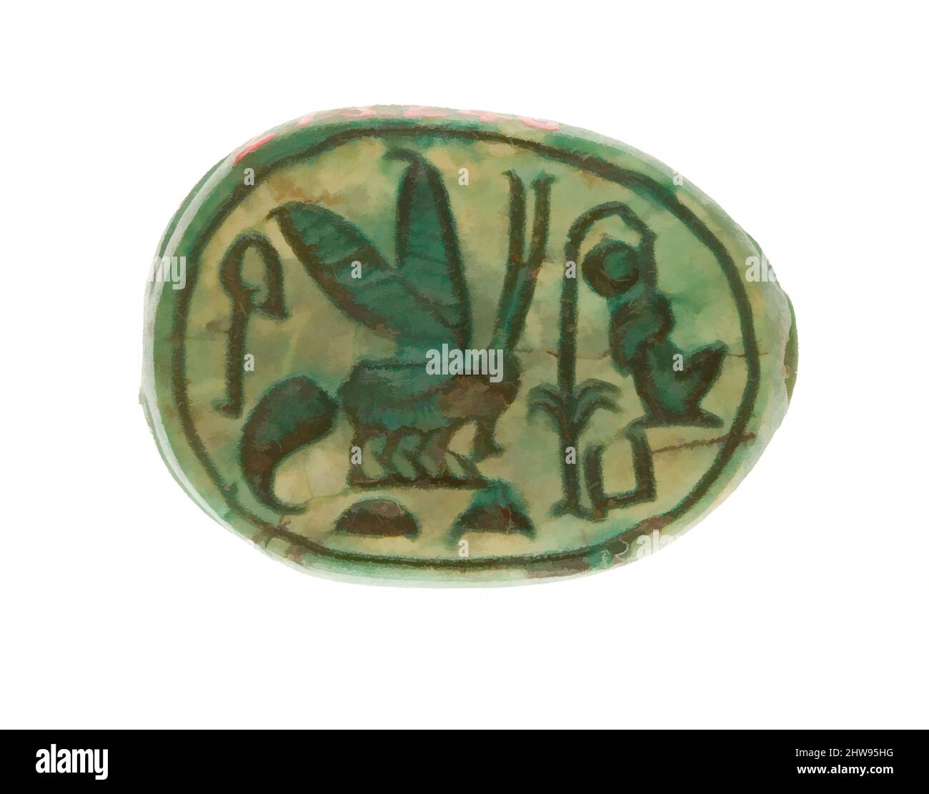 Kunst inspiriert von Scarab Inschrift für den König von Ober- und Unterägypten, Maatkare (Hatschepsut), New Kingdom, Dynasty 18, Early, Ca. 1479–1458 v. Chr., aus Ägypten, Oberägypten, Theben, Deir el-Bahri, Tempel der Hatschepsut, Foundation Deposit 7 (G), 1926–27, Steatit (glasierte, klassische Werke, die von Artotop mit einem Schuss Moderne modernisiert wurden. Formen, Farbe und Wert, auffällige visuelle Wirkung auf Kunst. Emotionen durch Freiheit von Kunstwerken auf zeitgemäße Weise. Eine zeitlose Botschaft, die eine wild kreative neue Richtung verfolgt. Künstler, die sich dem digitalen Medium zuwenden und die Artotop NFT erschaffen Stockfoto