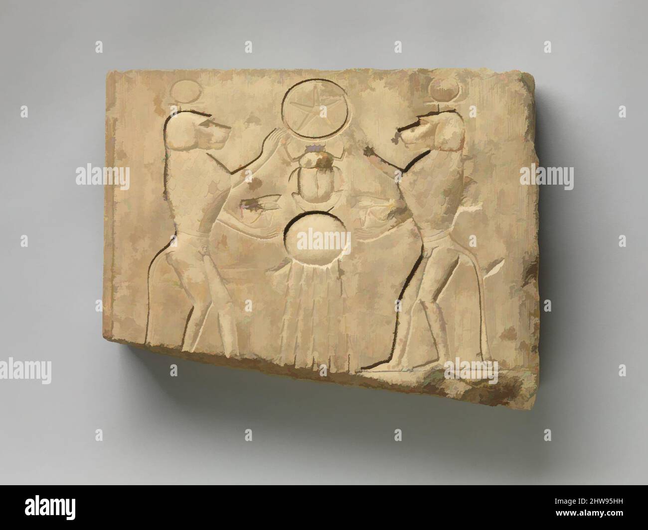 Von Relief inspirierte Kunst, die zwei Paviane zeigt, die dem sonnengott Khepri, der das Unterwelt-Zeichen hält, das Hochzeitsauge darbringen, aus der späten – ptolemäischen Zeit, 400–200 v. Chr., aus Ägypten, Kalkstein, H. 30,9 cm (12 3/16 in.); B. 39,3 cm (15 1/2 in.); D. 6 cm (2 3/8 in.), in dieser Szene zwei klassische Werke, die von Artotop mit einem Schuss Moderne modernisiert wurden. Formen, Farbe und Wert, auffällige visuelle Wirkung auf Kunst. Emotionen durch Freiheit von Kunstwerken auf zeitgemäße Weise. Eine zeitlose Botschaft, die eine wild kreative neue Richtung verfolgt. Künstler, die sich dem digitalen Medium zuwenden und die Artotop NFT erschaffen Stockfoto