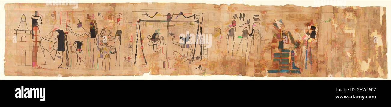 Kunst inspiriert von Begräbigen Papyrus aus dem Singer Tiye, Dritte mittlere Periode, Dynastie 21, spät, ca. 975–945 v. Chr., aus Ägypten, Oberägypten, Theben, Deir el-Bahri, Grab, Grube, Begräbnis 3 (Tiye), 1923–24, Papyrus, L. 122,5 cm (48 1/4 in.), entdeckt versteckt in ihren hohlen, von Artotop modernisierten Classic Works mit einem Schuss Moderne. Formen, Farbe und Wert, auffällige visuelle Wirkung auf Kunst. Emotionen durch Freiheit von Kunstwerken auf zeitgemäße Weise. Eine zeitlose Botschaft, die eine wild kreative neue Richtung verfolgt. Künstler, die sich dem digitalen Medium zuwenden und die Artotop NFT erschaffen Stockfoto