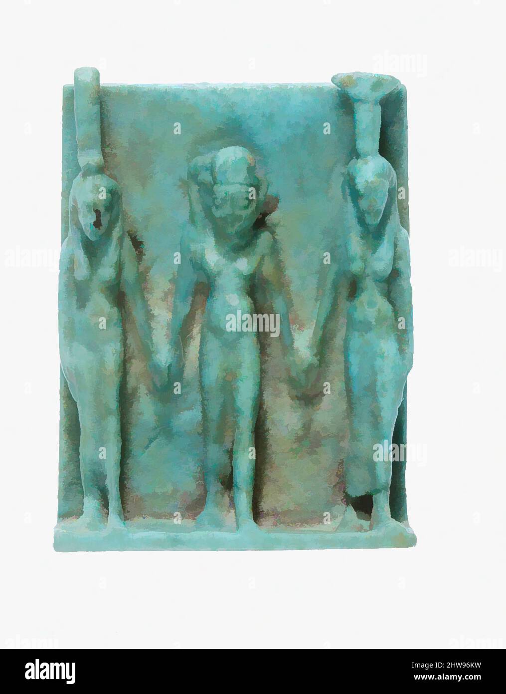 Kunst inspiriert von Amulett Darstellung Nephthys, Horus und Isis, späte Periode–ptolemäische Periode, 664–30 v. Chr., Aus Ägypten, Faience, H. 3 cm (1 3/16 in.); W. 2,3 cm (7/8 in.); D. 1 cm (3/8 in.), die drei Gottheiten in diesem Triad Amulett dargestellt sind einige der wichtigsten Protagonisten in der Osiride, Classic Works modernisiert von Artotop mit einem Schuss Moderne. Formen, Farbe und Wert, auffällige visuelle Wirkung auf Kunst. Emotionen durch Freiheit von Kunstwerken auf zeitgemäße Weise. Eine zeitlose Botschaft, die eine wild kreative neue Richtung verfolgt. Künstler, die sich dem digitalen Medium zuwenden und die Artotop NFT erschaffen Stockfoto