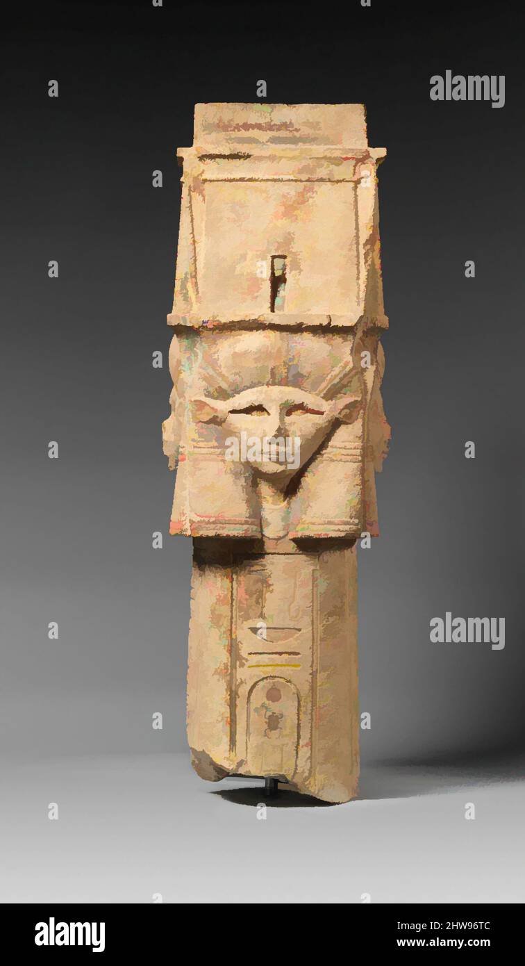 Kunst inspiriert von der Säule mit Hathor-Emblem-Hauptstadt und Namen von Nectanebo I auf dem Schacht, späte Periode, Dynastie 30, 380–362 v. Chr., möglicherweise aus Delta; Aus Ägypten, Kalkstein, H. 102 cm (40 3/16 in.); W. 34,3 cm (13 1/2 in.); D. 34,3 cm (13 1/2 in.), Hathor Säulen begann als "sistrum-, Classic Works modernisiert von Artotop mit einem Schuss Moderne. Formen, Farbe und Wert, auffällige visuelle Wirkung auf Kunst. Emotionen durch Freiheit von Kunstwerken auf zeitgemäße Weise. Eine zeitlose Botschaft, die eine wild kreative neue Richtung verfolgt. Künstler, die sich dem digitalen Medium zuwenden und die Artotop NFT erschaffen Stockfoto