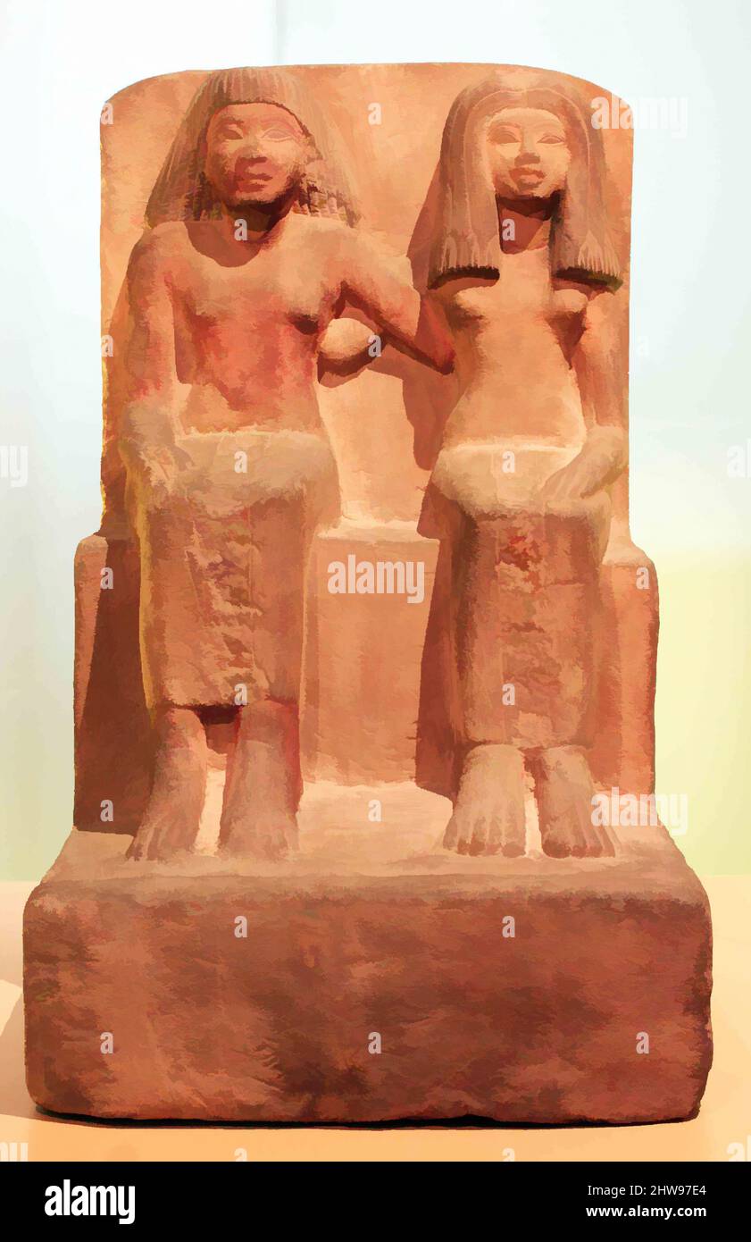 Kunst inspiriert von Pair Statue of Nebwaw und seiner Frau, Tenethet, New Kingdom, Late Dynasty 18, ca. 1390–1295 v. Chr., aus Ägypten, Sandstein, Farbe, H. 71,5 cm (28 1/8 in), die Statue zeigt einen Mann und seine Frau, jeweils mit einem Arm um den Rücken des anderen. Die Gesichter, Frisuren und Kleidungsstücke, Classic Works modernisiert von Artotop mit einem Schuss Moderne. Formen, Farbe und Wert, auffällige visuelle Wirkung auf Kunst. Emotionen durch Freiheit von Kunstwerken auf zeitgemäße Weise. Eine zeitlose Botschaft, die eine wild kreative neue Richtung verfolgt. Künstler, die sich dem digitalen Medium zuwenden und die Artotop NFT erschaffen Stockfoto