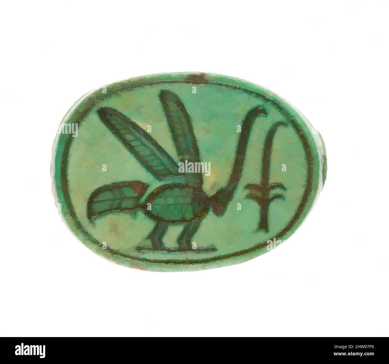 Kunst inspiriert von Scarab Inschrift König von Ober- und Unterägypten, Neues Königreich, Dynastie 18, früh, ca. 1479–1458 v. Chr., aus Ägypten, Oberägypten, Theben, Deir el-Bahri, Tempel der Hatschepsut, Foundation Deposit 7 (G), 1926–27, Steatit (glasierte, klassische Werke, die von Artotop mit einem Schuss Moderne modernisiert wurden. Formen, Farbe und Wert, auffällige visuelle Wirkung auf Kunst. Emotionen durch Freiheit von Kunstwerken auf zeitgemäße Weise. Eine zeitlose Botschaft, die eine wild kreative neue Richtung verfolgt. Künstler, die sich dem digitalen Medium zuwenden und die Artotop NFT erschaffen Stockfoto