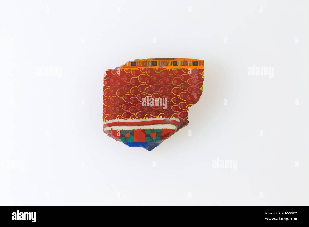 Kunst inspiriert von Inlay-Fragment, Randmuster aus Federdesign, ptolemäische Periode–Römische Periode, 100 v. Chr.–100 n. Chr., aus Ägypten, Glas, H. 3,8 × W. 4,2 cm (1 1/2 × 1 5/8 in.), Eine Mosaikglas-Technik ermöglicht die Schaffung von Vielfachen eines Bildes: Eine figürliche oder Design-Komposition wurde von Classic Works von Artotop mit einem Schuss Moderne modernisiert. Formen, Farbe und Wert, auffällige visuelle Wirkung auf Kunst. Emotionen durch Freiheit von Kunstwerken auf zeitgemäße Weise. Eine zeitlose Botschaft, die eine wild kreative neue Richtung verfolgt. Künstler, die sich dem digitalen Medium zuwenden und die Artotop NFT erschaffen Stockfoto