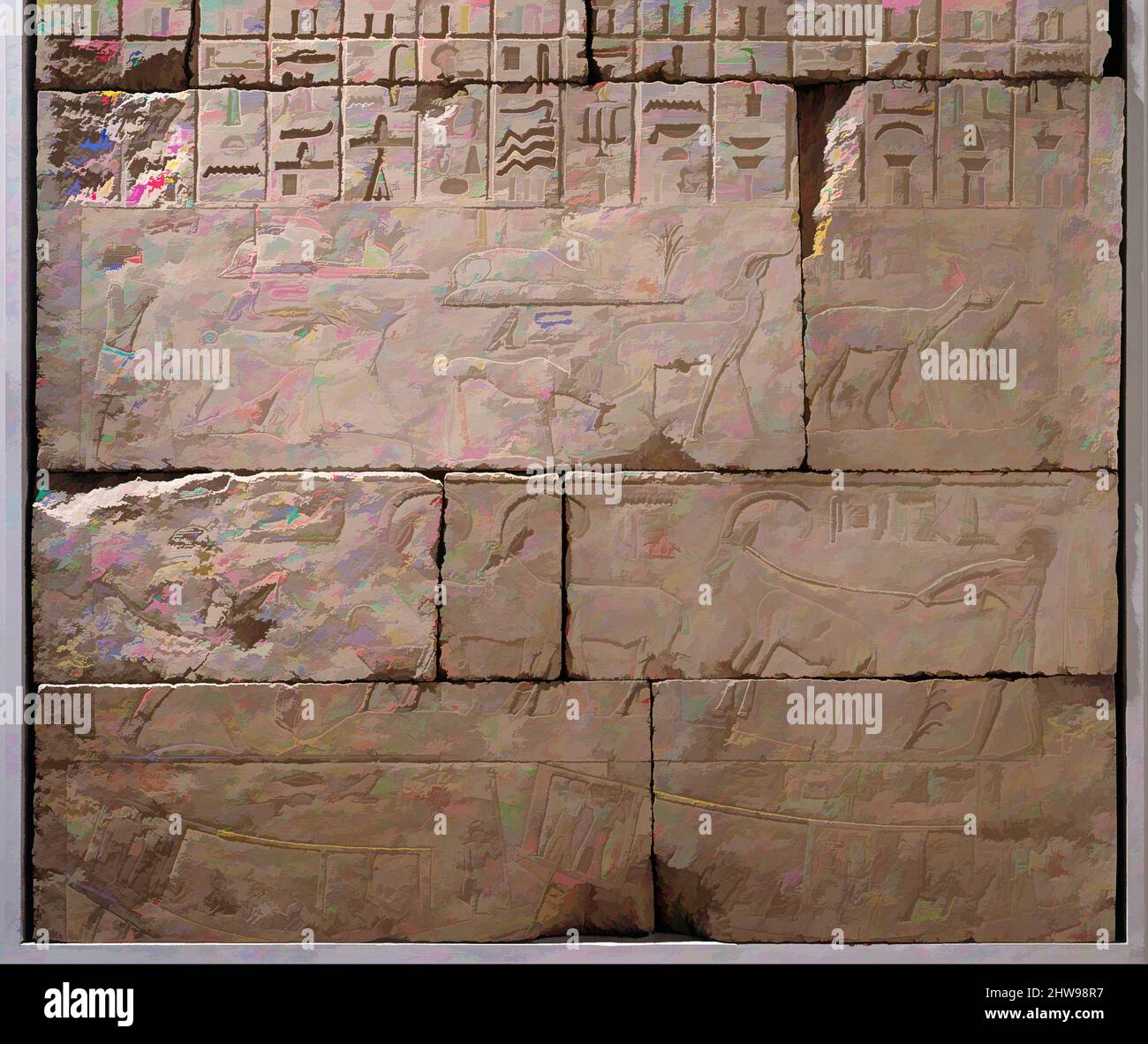 Kunst inspiriert von der Grabkapelle von Raemkai: Südwand, altes Königreich, Dynastie 5, ca. 2446–2389 v. Chr., aus Ägypten, Memphite-Region, Saqqara, nördlich des Djoser Pyramidenkomplexes, Mariette D3, Ägyptische Antiquitätendienste/Quibell-Ausgrabungen, 1907–08, Kalkstein, Farbe, SÜDWAND, In einem Grab, Classic Works modernisiert von Artotop mit einem Schuss Moderne. Formen, Farbe und Wert, auffällige visuelle Wirkung auf Kunst. Emotionen durch Freiheit von Kunstwerken auf zeitgemäße Weise. Eine zeitlose Botschaft, die eine wild kreative neue Richtung verfolgt. Künstler, die sich dem digitalen Medium zuwenden und die Artotop NFT erschaffen Stockfoto