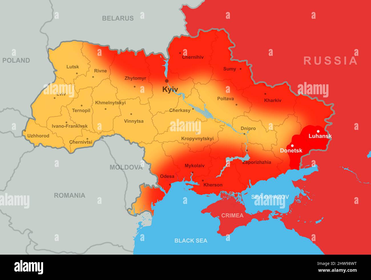 Der Krieg in der Ukraine, das Territorium Russlands und der Ukraine auf der Europakarte. Die Ukraine grenzt an die Region Donbass, russische Invasion in der Ukraine auf militärpolitischer Basis Stockfoto