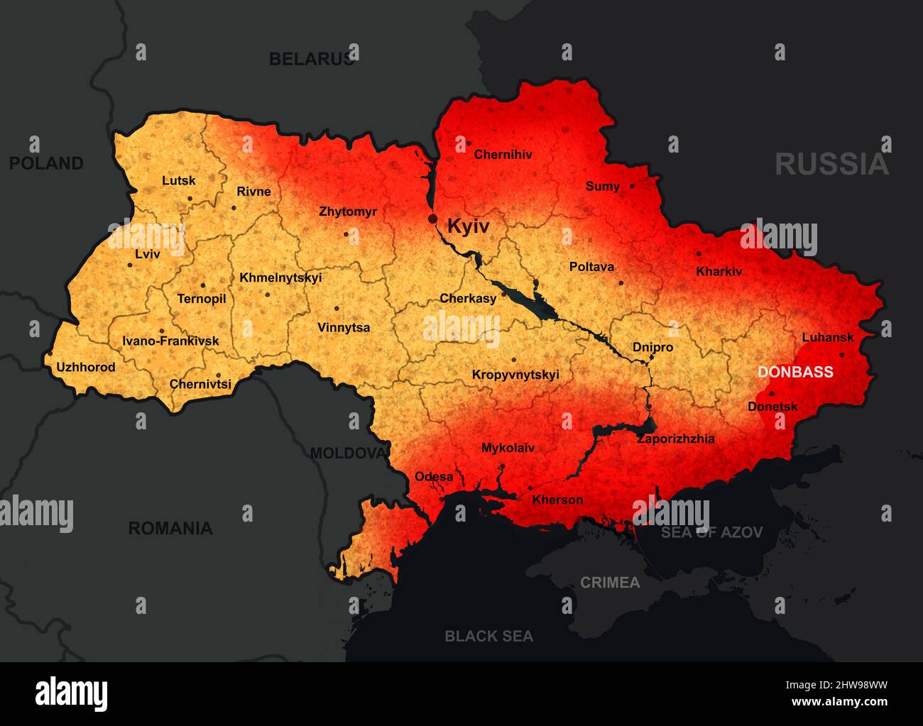 Krieg in der Ukraine auf der Karte, Illustration der allgemeinen russischen Invasion in der Ukraine. Ukrainisches Territorium und grenzt an die Region Donbass. Russland-Ukraine-Konfli Stockfoto