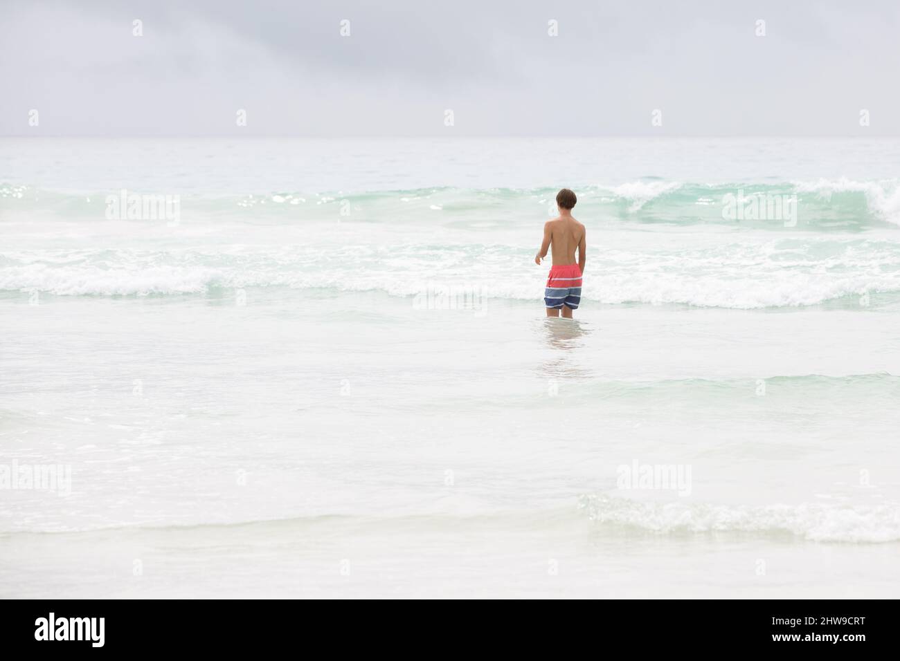 Teenager-Männchen waten im Ozean am weißen Sandstrand auf Isabela Island, Galapagos Islands Stockfoto
