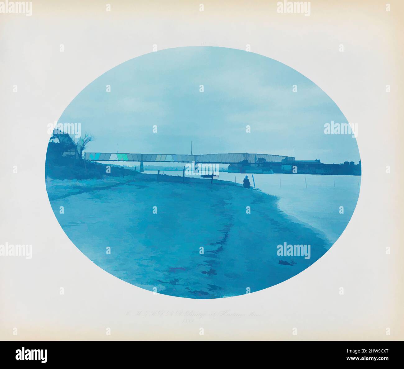 Kunst inspiriert von No. 185. Chicago, Milwaukee & St. Paul Rail Road Bridge at Hasting, Minnesota, 1885, Cyanotype, Blatt: 14 1/2 × 17 3/16 Zoll (36,8 × 43,7 cm), Fotografien, Henry P. Bosse (Amerikaner, geb. Deutschland, 1844–1893, Klassische Werke, die von Artotop mit einem Schuss Moderne modernisiert wurden. Formen, Farbe und Wert, auffällige visuelle Wirkung auf Kunst. Emotionen durch Freiheit von Kunstwerken auf zeitgemäße Weise. Eine zeitlose Botschaft, die eine wild kreative neue Richtung verfolgt. Künstler, die sich dem digitalen Medium zuwenden und die Artotop NFT erschaffen Stockfoto