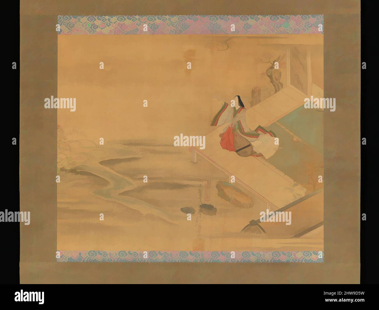 Von Prinzessin Ogimi inspirierte Kunst aus dem Kapitel „Bridge Maiden“ (Hashihime) aus der Geschichte von Genji (Genji Monogatari), Edo-Zeit (1615–1868), Anfang des 18.. Jahrhunderts, Japan, hängende Schriftrolle; Tinte, Farbe und Gold auf Seide, Bild: 14 5/8 × 17 15/16 Zoll (37,1 × 45,6 cm), Gemälde, Hishikawa Waō, Klassische Werke, die von Artotop mit einem Schuss Moderne modernisiert wurden. Formen, Farbe und Wert, auffällige visuelle Wirkung auf Kunst. Emotionen durch Freiheit von Kunstwerken auf zeitgemäße Weise. Eine zeitlose Botschaft, die eine wild kreative neue Richtung verfolgt. Künstler, die sich dem digitalen Medium zuwenden und die Artotop NFT erschaffen Stockfoto