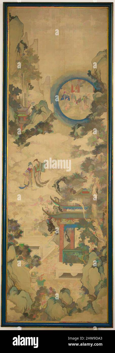 Von 清 佚名 時令三景 inspirierte Kunst, drei Szenen von Festivals der zwölf Monate, Qing-Dynastie (1644–1911), Ende 18.–Anfang 19. Jahrhundert, China, drei gerahmte Tafeln; Tusche und Farbe auf Seide, jede Tafel: 83 1/2 × 28 Zoll (212,1 × 71,1 cm), Gemälde, nicht identifizierte Künstler Chinesisch, 清 佚名 七夕/中秋佳節圖 軸, Klassisches Werk, modernisiert von Artotop mit einem Schuss Moderne. Formen, Farbe und Wert, auffällige visuelle Wirkung auf Kunst. Emotionen durch Freiheit von Kunstwerken auf zeitgemäße Weise. Eine zeitlose Botschaft, die eine wild kreative neue Richtung verfolgt. Künstler, die sich dem digitalen Medium zuwenden und die Artotop NFT erschaffen Stockfoto