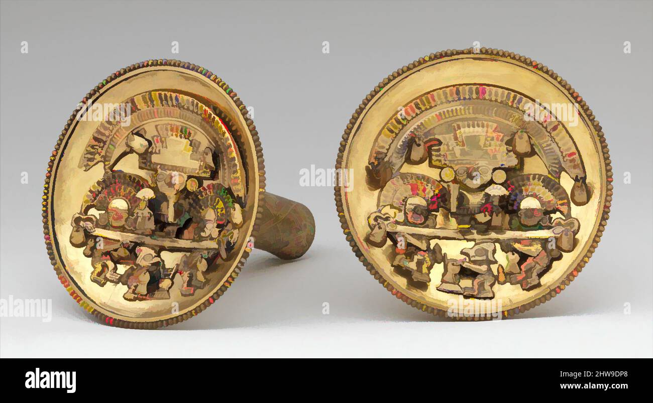 Kunst inspiriert von einem Paar von Ohrleuchten mit mehrstelligen Szenen, 12.–15. Jahrhundert, Peru, Chimú, Gold, Durchm. 5 1/4 Zoll (13,5 cm), Metall-Ornamente, bis die mächtigen Chimú-Könige im 14. Jahrhundert ihr Wüstenreich an der peruanischen Nordküste errichtet hatten, Edelmetall, Klassische Werke, die von Artotop mit einem Schuss Moderne modernisiert wurden. Formen, Farbe und Wert, auffällige visuelle Wirkung auf Kunst. Emotionen durch Freiheit von Kunstwerken auf zeitgemäße Weise. Eine zeitlose Botschaft, die eine wild kreative neue Richtung verfolgt. Künstler, die sich dem digitalen Medium zuwenden und die Artotop NFT erschaffen Stockfoto