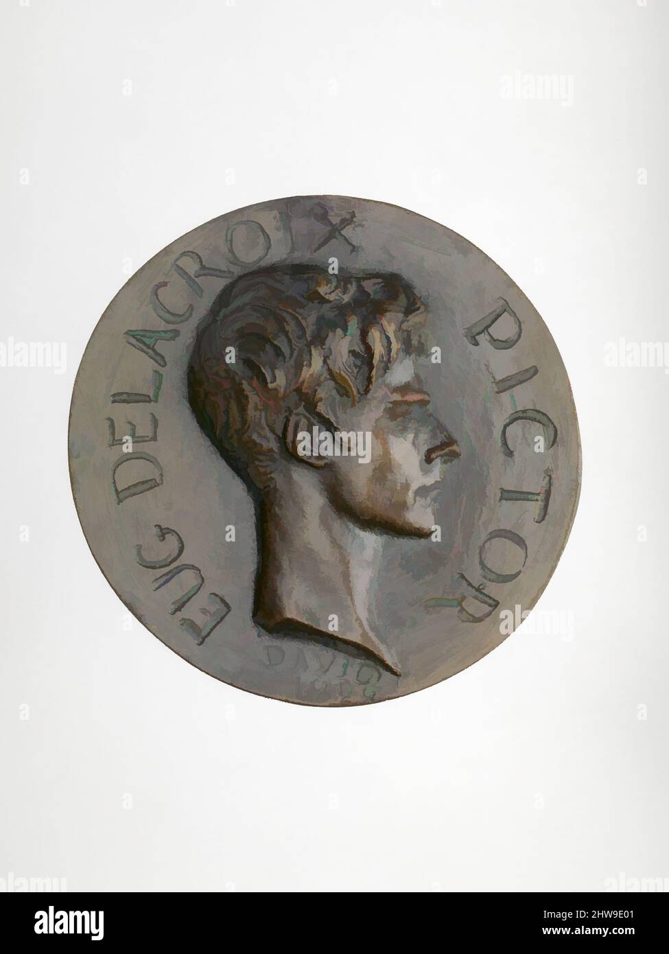 Kunst inspiriert von Ferdinand Victor Eugène Delacroix (1798–1863), 1828, Französisch, Bronze, 4 3/16 × 4 3/16 Zoll (10,7 × 10,7 cm), Medaillen und Plaquettes, Medaillengewinnerin: Pierre Jean David d'Angers (Französisch, Angers 1788–1856 Paris), Pierre-Jean David d’Angers war das produktivste und eines der am meisten modernisierten klassischen Werke von Artotop mit einem Schuss Moderne. Formen, Farbe und Wert, auffällige visuelle Wirkung auf Kunst. Emotionen durch Freiheit von Kunstwerken auf zeitgemäße Weise. Eine zeitlose Botschaft, die eine wild kreative neue Richtung verfolgt. Künstler, die sich dem digitalen Medium zuwenden und die Artotop NFT erschaffen Stockfoto