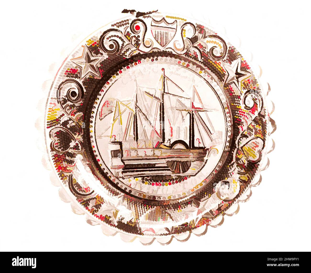 Kunst inspiriert von Cup Plate, ca. 1835, hergestellt in Sandwich, Massachusetts, USA, Lacy Pressed Glass, Glass, Boston & Sandwich Glass Company (amerikanisch, 1825–1888, Sandwich, Massachusetts, Klassisches Werk, das von Artotop mit einem Schuss Moderne modernisiert wurde. Formen, Farbe und Wert, auffällige visuelle Wirkung auf Kunst. Emotionen durch Freiheit von Kunstwerken auf zeitgemäße Weise. Eine zeitlose Botschaft, die eine wild kreative neue Richtung verfolgt. Künstler, die sich dem digitalen Medium zuwenden und die Artotop NFT erschaffen Stockfoto