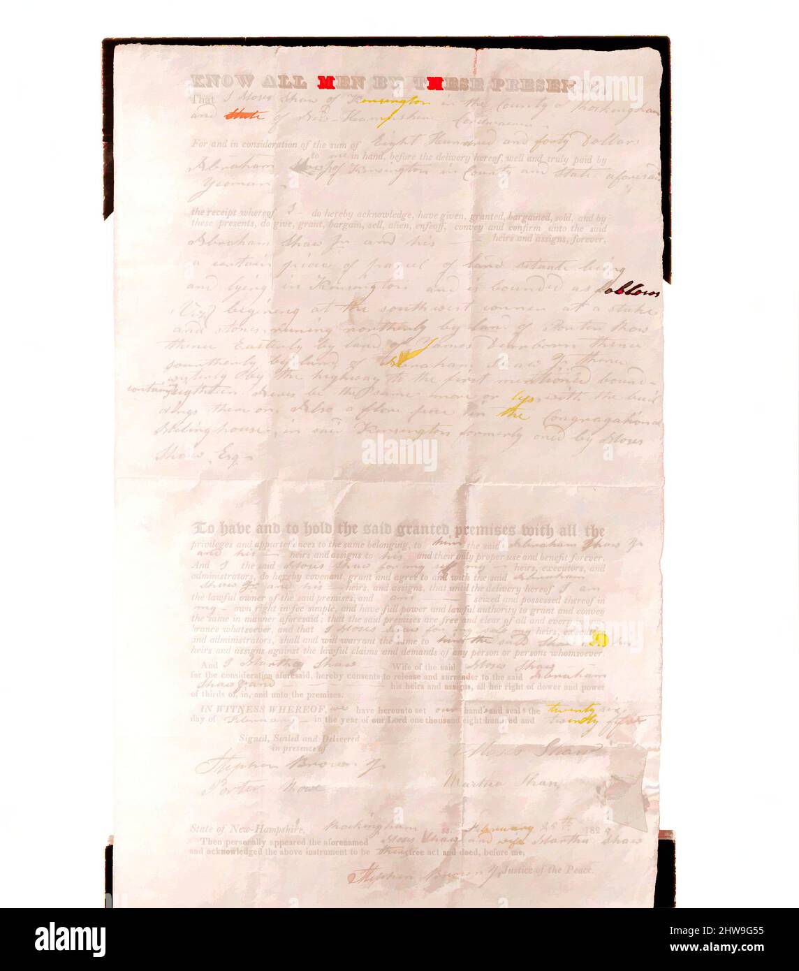 Kunst inspiriert von Manuskript Deed für Shaw Homestead, Kensington, New Hampshire, 1825, hergestellt in Rockingham County, New Hampshire, USA, Amerikaner, Pergament Papier, 13 5/8 x 8 3/16 Zoll (34,6 x 20,8 cm), Naturstoffe, Klassisches Werk von Artotop mit einem Schuss Moderne modernisiert. Formen, Farbe und Wert, auffällige visuelle Wirkung auf Kunst. Emotionen durch Freiheit von Kunstwerken auf zeitgemäße Weise. Eine zeitlose Botschaft, die eine wild kreative neue Richtung verfolgt. Künstler, die sich dem digitalen Medium zuwenden und die Artotop NFT erschaffen Stockfoto