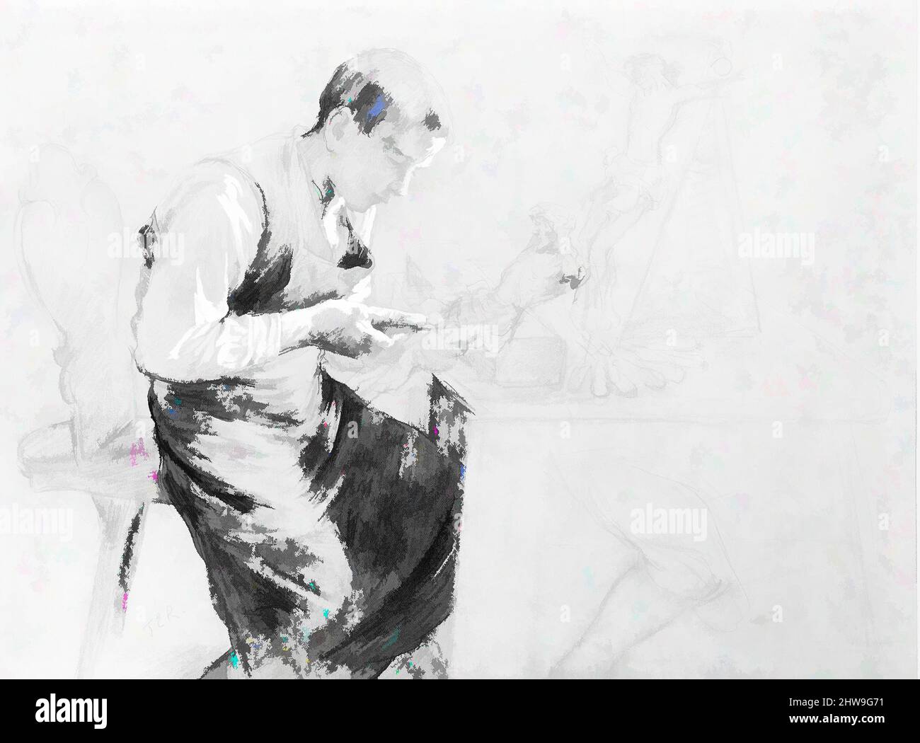 Kunst inspiriert von der Studie eines Jungen, der ein Kruzifix schnitzt, ca. 1908, Graphit mit weißer Gouache auf grünem Gewebe-Papier, 11 1/8 x 15 3/16 Zoll (28,3 x 38,6 cm), Zeichnungen, Toby E. Rosenthal (1848–1917, Klassische Werke, die von Artotop mit einem Schuss Moderne modernisiert wurden. Formen, Farbe und Wert, auffällige visuelle Wirkung auf Kunst. Emotionen durch Freiheit von Kunstwerken auf zeitgemäße Weise. Eine zeitlose Botschaft, die eine wild kreative neue Richtung verfolgt. Künstler, die sich dem digitalen Medium zuwenden und die Artotop NFT erschaffen Stockfoto