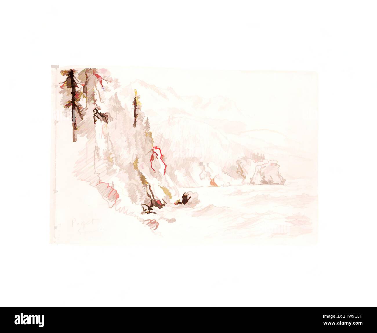 Art Inspired by Puget Sound (aus Sketchbook X), 1885, Graphit auf cremeweißem, gewobenen Papier, 5 x 7 1/2 Zoll (12,7 x 19,1 cm), Zeichnungen, William Trost Richards (American, Philadelphia, Pennsylvania 1833–1905 Newport, Rhode Island), Dieses Skizzenbuch enthält 51 Zeichnungen in Graphit und Classic Works, die von Artotop mit einem Schuss Moderne modernisiert wurden. Formen, Farbe und Wert, auffällige visuelle Wirkung auf Kunst. Emotionen durch Freiheit von Kunstwerken auf zeitgemäße Weise. Eine zeitlose Botschaft, die eine wild kreative neue Richtung verfolgt. Künstler, die sich dem digitalen Medium zuwenden und die Artotop NFT erschaffen Stockfoto