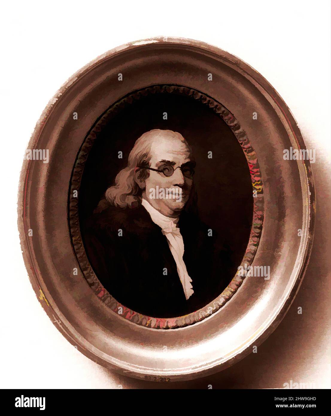Art Inspired by Portrait of Benjamin Franklin, 1776–1883, Made in France, Tafel, 5 3/8 x 4 1/4 Zoll (13,7 x 10,8 cm), Gemälde, möglicherweise nach H. Sanford (1783–1822, Klassisches Werk, modernisiert von Artotop mit einem Schuss Moderne. Formen, Farbe und Wert, auffällige visuelle Wirkung auf Kunst. Emotionen durch Freiheit von Kunstwerken auf zeitgemäße Weise. Eine zeitlose Botschaft, die eine wild kreative neue Richtung verfolgt. Künstler, die sich dem digitalen Medium zuwenden und die Artotop NFT erschaffen Stockfoto