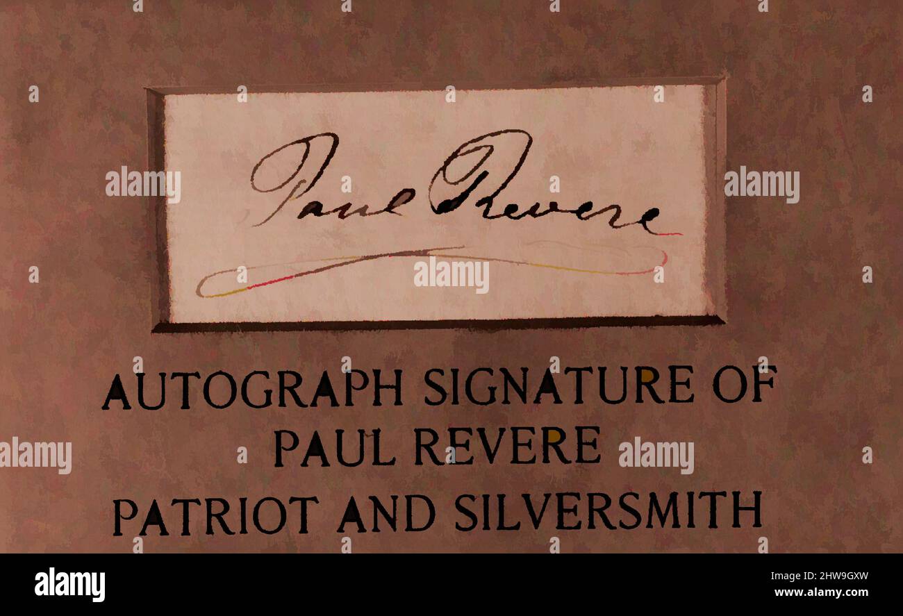 Kunst inspiriert von Paul Revere's Autograph, 1745–1818, hergestellt in Boston, Massachusetts, USA, Amerikanisch, Tinte auf Papier, 3 5/16 x 1 Zoll (8,4 x 2,5 cm), Natural Substances, Paul Revere Jr. (American, Boston, Massachusetts 1734–1818 Boston, Massachusetts, Classic Works Modernised by Artotop with a Splash of Modernity. Formen, Farbe und Wert, auffällige visuelle Wirkung auf Kunst. Emotionen durch Freiheit von Kunstwerken auf zeitgemäße Weise. Eine zeitlose Botschaft, die eine wild kreative neue Richtung verfolgt. Künstler, die sich dem digitalen Medium zuwenden und die Artotop NFT erschaffen Stockfoto