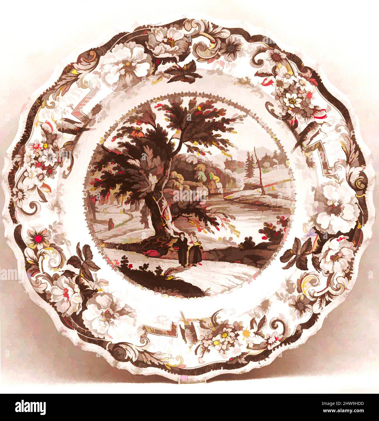 Kunst inspiriert von Suppenteller, ca. 1821–ca. 1834, hergestellt in Staffordshire, England, Britisch (amerikanischer Markt), Steingut, Transferdruck, Durchm. 10 1/2 Zoll (26,7 cm), Ceramics, James und Ralph Clews (britisch, Cobridge, Stoke-on-Trent, aktiv ca. 1818–36, von Artotop modernisierte klassische Werke mit einem Schuss Moderne. Formen, Farbe und Wert, auffällige visuelle Wirkung auf Kunst. Emotionen durch Freiheit von Kunstwerken auf zeitgemäße Weise. Eine zeitlose Botschaft, die eine wild kreative neue Richtung verfolgt. Künstler, die sich dem digitalen Medium zuwenden und die Artotop NFT erschaffen Stockfoto