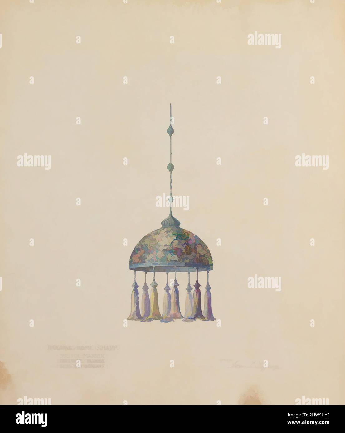 Art Inspired by Drawing for hanging Dome shade, 1905–15, Made in New York, USA, American, Aquarell, Gouache, Pastellfarben und Graphit auf cremefarbenem, gewonntem Papier, montiert auf Karton, 23 3/4 x 19 13/16 Zoll (60,4 x 50,4 cm), Zeichnungen, Tiffany Studios (1902–32), diese beiden fast, von Artotop mit einem Schuss Modernität modernisierten klassischen Werke. Formen, Farbe und Wert, auffällige visuelle Wirkung auf Kunst. Emotionen durch Freiheit von Kunstwerken auf zeitgemäße Weise. Eine zeitlose Botschaft, die eine wild kreative neue Richtung verfolgt. Künstler, die sich dem digitalen Medium zuwenden und die Artotop NFT erschaffen Stockfoto