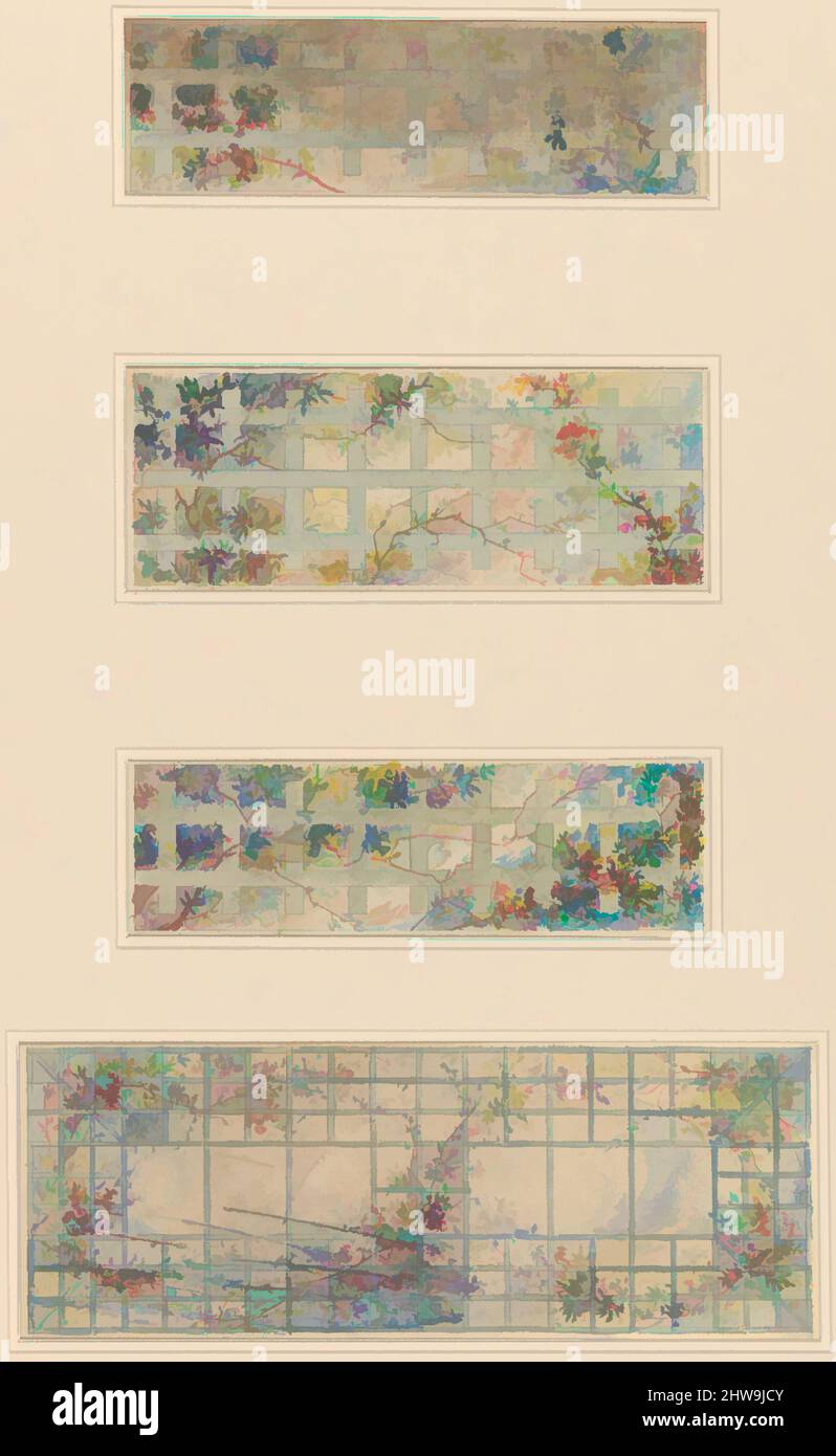 Kunst inspiriert von vier Entwürfen für Glas-Deckenplatten, 1895–1920, hergestellt in New York, USA, American, Aquarell, Gouache und Graphit auf Gewebe-Papier Originalpräsentation matt fehlt, Overall (A): 17 5/8 x 7 5/8 in. (44,8 x 19,4 cm), Zeichnungen, möglicherweise Tiffany-Glas und, von Artotop modernisierte Klassiker mit einem Schuss Moderne. Formen, Farbe und Wert, auffällige visuelle Wirkung auf Kunst. Emotionen durch Freiheit von Kunstwerken auf zeitgemäße Weise. Eine zeitlose Botschaft, die eine wild kreative neue Richtung verfolgt. Künstler, die sich dem digitalen Medium zuwenden und die Artotop NFT erschaffen Stockfoto