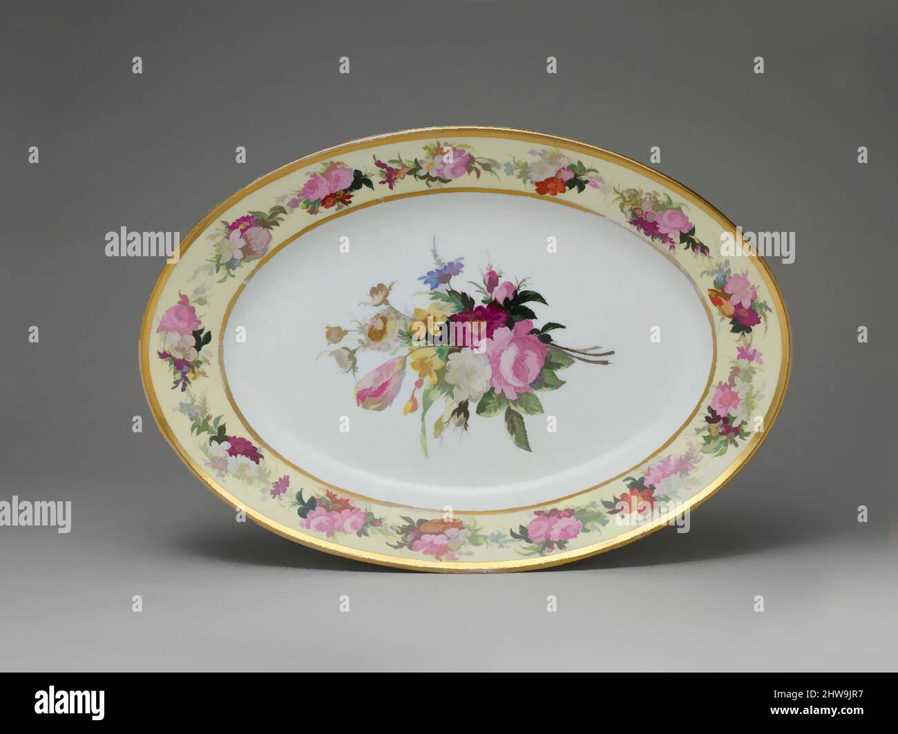 Kunst inspiriert von Oval Platter, ca. 1820–25, amerikanisch, Porzellan, 2 1/8 x 12 3/16 x 18 5/16 Zoll (5,4 x 31 x 46,5 cm), Keramik, zugeschrieben Marc Schoelcher (gegründet 1798–1834), Diese Platte war ursprünglich Teil eines großen Dinnerservice, der von George Hyde Clark im November 1833 bestellt wurde, Classic Works, modernisiert von Artotop mit einem Schuss Moderne. Formen, Farbe und Wert, auffällige visuelle Wirkung auf Kunst. Emotionen durch Freiheit von Kunstwerken auf zeitgemäße Weise. Eine zeitlose Botschaft, die eine wild kreative neue Richtung verfolgt. Künstler, die sich dem digitalen Medium zuwenden und die Artotop NFT erschaffen Stockfoto