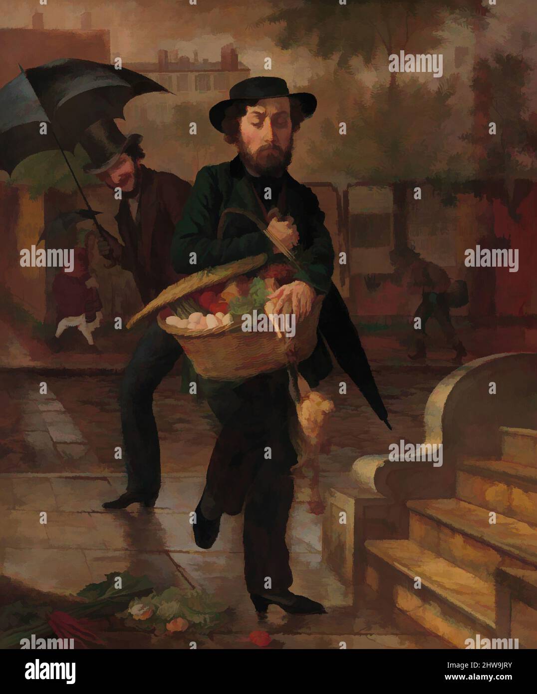 Kunst inspiriert von Young Husband: First Marketing, 1854, Öl auf Leinwand, 29 1/2 x 24 3/4 cm (74,9 x 62,9 cm), Paintings, Lilly Martin Spencer (1822–1902), Spencer porträtierte die ungeschminkte Realität der männlich-weiblichen Beziehungen in diesem Gemälde, das die Mühen der frühen, von Artotop modernisierten klassischen Werke mit einem Schuss Moderne dokumentiert. Formen, Farbe und Wert, auffällige visuelle Wirkung auf Kunst. Emotionen durch Freiheit von Kunstwerken auf zeitgemäße Weise. Eine zeitlose Botschaft, die eine wild kreative neue Richtung verfolgt. Künstler, die sich dem digitalen Medium zuwenden und die Artotop NFT erschaffen Stockfoto