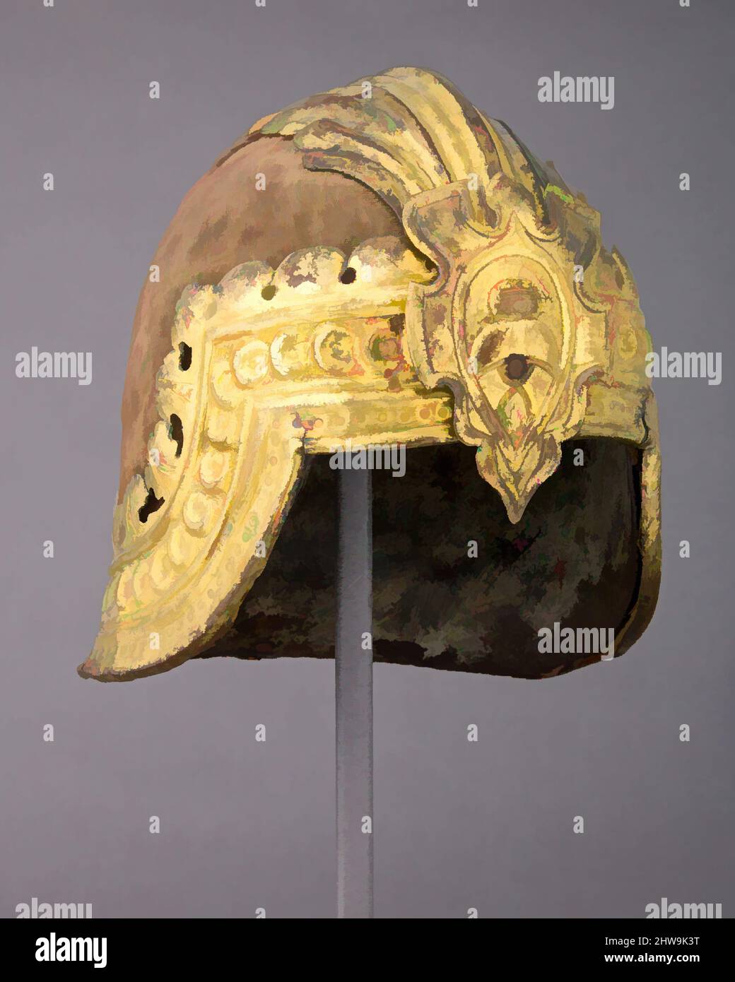 Kunst inspiriert von Sallet alla Veneziana, ca. 1470; vergoldete Halterungen, wahrscheinlich Anfang des 16.. Jahrhunderts hinzugefügt, italienisch, Stahl, Kupferlegierung, Gold, Velvet, H. 11 Zoll (27,94 cm); B: 8 5/16 Zoll (21,1 cm); D. 10 3/4 Zoll (27,3 cm); Gewicht 8 lb. 1 oz. (3655 g), Helme, in der vierzehnten und fünfzehnten, Classic Works modernisiert von Artotop mit einem Schuss Moderne. Formen, Farbe und Wert, auffällige visuelle Wirkung auf Kunst. Emotionen durch Freiheit von Kunstwerken auf zeitgemäße Weise. Eine zeitlose Botschaft, die eine wild kreative neue Richtung verfolgt. Künstler, die sich dem digitalen Medium zuwenden und die Artotop NFT erschaffen Stockfoto