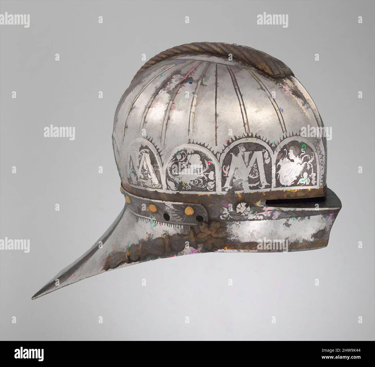 Jousting Sallet für Louis II (1506-1526), König von Ungarn und Böhmen, Ca. 1525, Augsburg, Deutsche, Augsburg, Stahl, Kupfer, Aluminium, Gold, H.10 in. (25,4 cm); W. 15. (38,1 cm); D.10. (25,4 cm); Wt. 9 lb. (4082 g), Helme, der Helm für die Scharfrennen, ein Turnier kämpfte durch zwei Kandidaten bewaffnet mit scharfen Lanzen bestimmt war. Die luftregionen Initialen L und M, für Ludwig II. von Ungarn (1506 - 1526) und seiner Frau Maria von Österreich, sind prominent in der Dekoration empfohlene Stockfoto