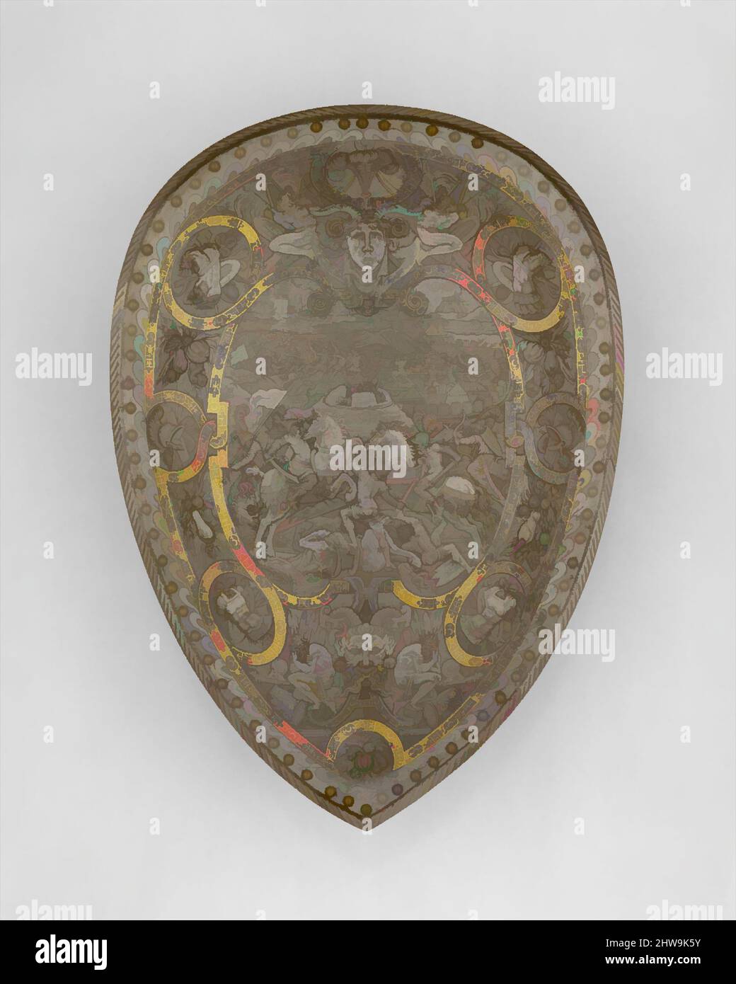 Kunst inspiriert vom Schild Heinrichs II. Von Frankreich (reg. 1547–59), ca. 1555, Französisch, Stahl, Gold, Silber, H. 25 Zoll (63,5 cm); B: 18 Zoll (45,7 cm); Gewicht 7 lb. (3175 g), Shields, die Kampfszene im Zentrum soll den Sieg Hannibals und der Karthager über die von Artotop modernisierten, klassischen Werke mit einem Schuss Moderne darstellen. Formen, Farbe und Wert, auffällige visuelle Wirkung auf Kunst. Emotionen durch Freiheit von Kunstwerken auf zeitgemäße Weise. Eine zeitlose Botschaft, die eine wild kreative neue Richtung verfolgt. Künstler, die sich dem digitalen Medium zuwenden und die Artotop NFT erschaffen Stockfoto