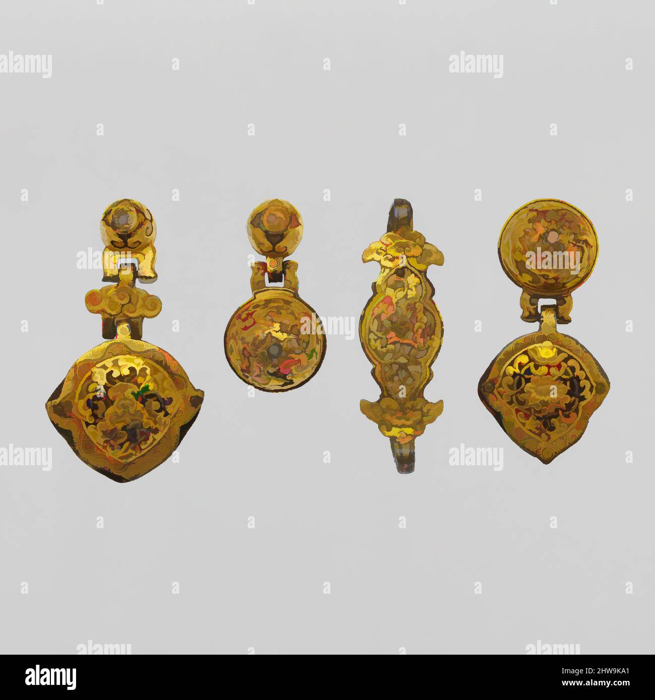 Kunst inspiriert von Nineteen Zierbeschläge aus einem Pferdegeschirr und einem Ziersattel Stahl, Sattelplatte, 17.–18. Jahrhundert; Trapezbeschläge, 15.–17. Jahrhundert, Sattelplatte, chinesisch oder tibetisch; Gurtzeug, tibetisch, Eisen, Gold, Silber, Kupfer, Leder, Sattelplatte; H. 3 1, Classic Works modernisiert von Artotop mit einem Schuss Moderne. Formen, Farbe und Wert, auffällige visuelle Wirkung auf Kunst. Emotionen durch Freiheit von Kunstwerken auf zeitgemäße Weise. Eine zeitlose Botschaft, die eine wild kreative neue Richtung verfolgt. Künstler, die sich dem digitalen Medium zuwenden und die Artotop NFT erschaffen Stockfoto