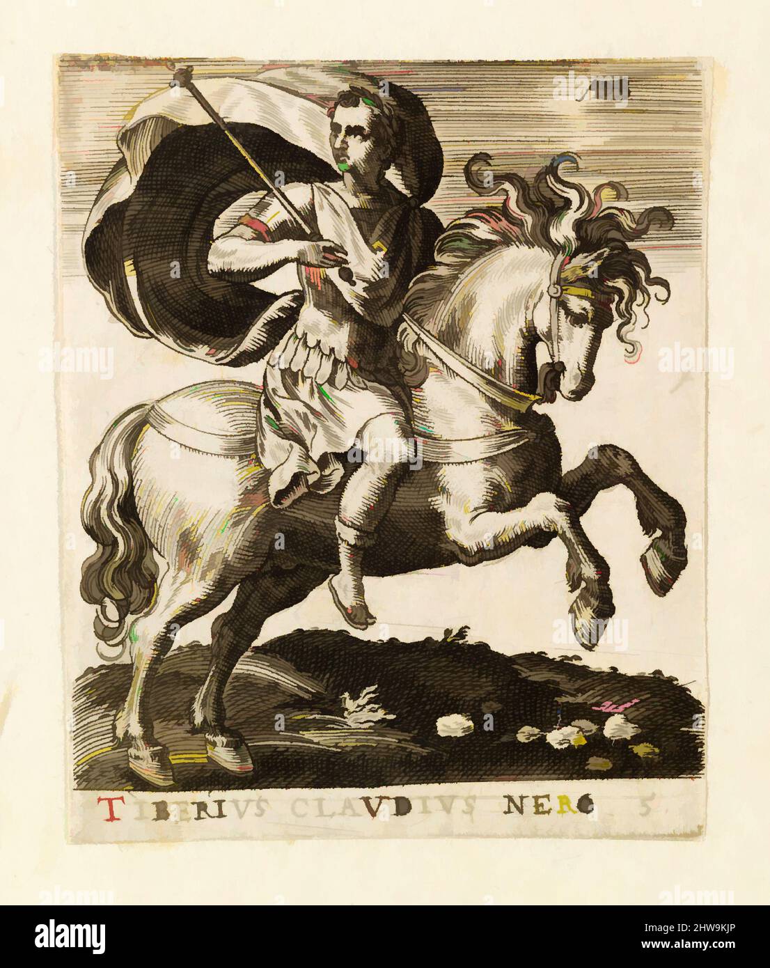 Kunst inspiriert von Zeichnungen und Druckgrafiken, Print, Tiberius Claudius Nero von Twelve Caesars on Horseback, Künstler, Abraham de Bruyn, Flämisch, Antwerpen, Klassische Werke, die von Artotop mit einem Hauch von Moderne modernisiert wurden. Formen, Farbe und Wert, auffällige visuelle Wirkung auf Kunst. Emotionen durch Freiheit von Kunstwerken auf zeitgemäße Weise. Eine zeitlose Botschaft, die eine wild kreative neue Richtung verfolgt. Künstler, die sich dem digitalen Medium zuwenden und die Artotop NFT erschaffen Stockfoto