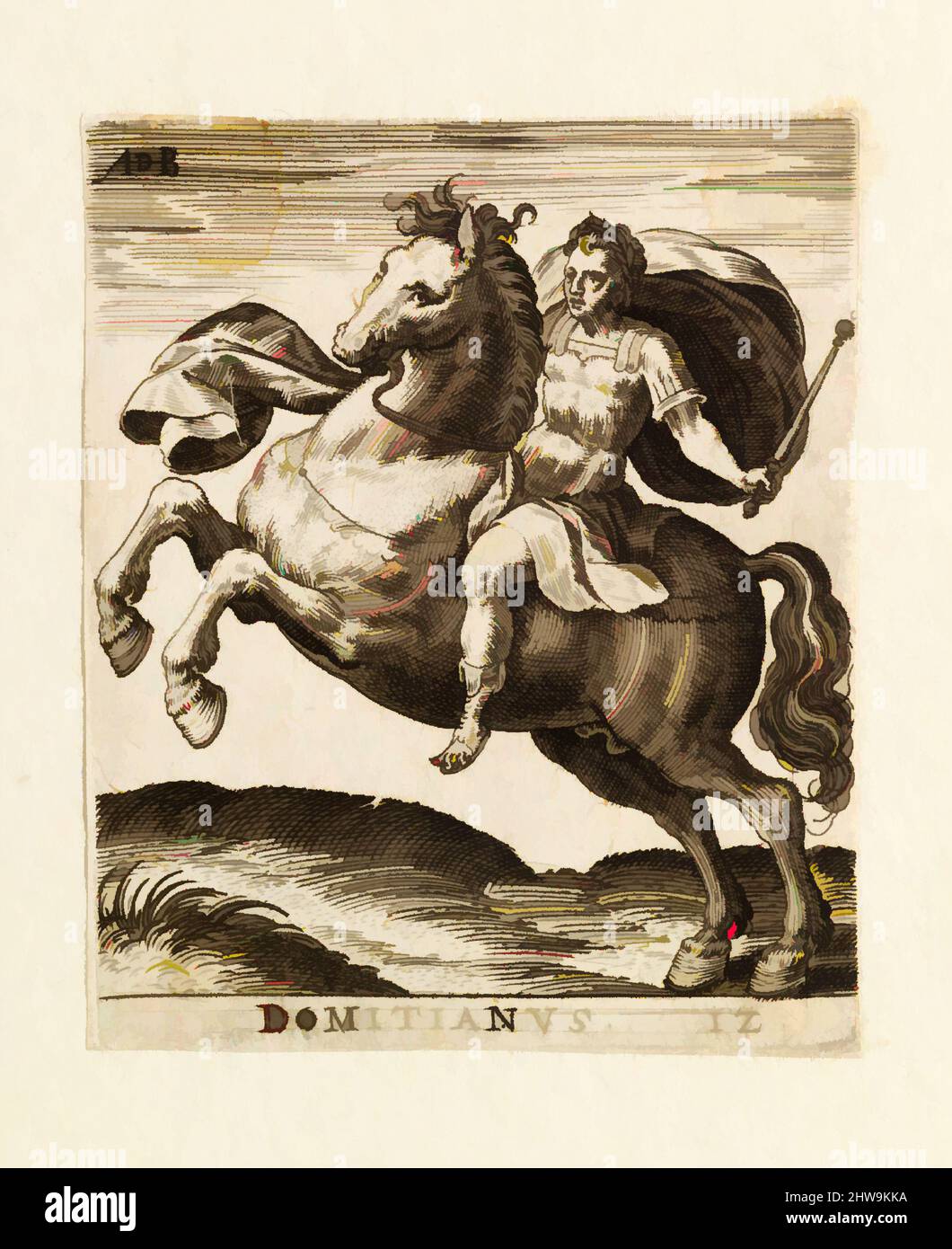 Kunst inspiriert von Zeichnungen und Druckgrafiken, Print, Domitianus from Twelve Caesars on Horseback, Künstler, Abraham de Bruyn, Flämisch, Antwerpen 1540–1587, Klassische Werke, die von Artotop mit einem Hauch von Moderne modernisiert wurden. Formen, Farbe und Wert, auffällige visuelle Wirkung auf Kunst. Emotionen durch Freiheit von Kunstwerken auf zeitgemäße Weise. Eine zeitlose Botschaft, die eine wild kreative neue Richtung verfolgt. Künstler, die sich dem digitalen Medium zuwenden und die Artotop NFT erschaffen Stockfoto