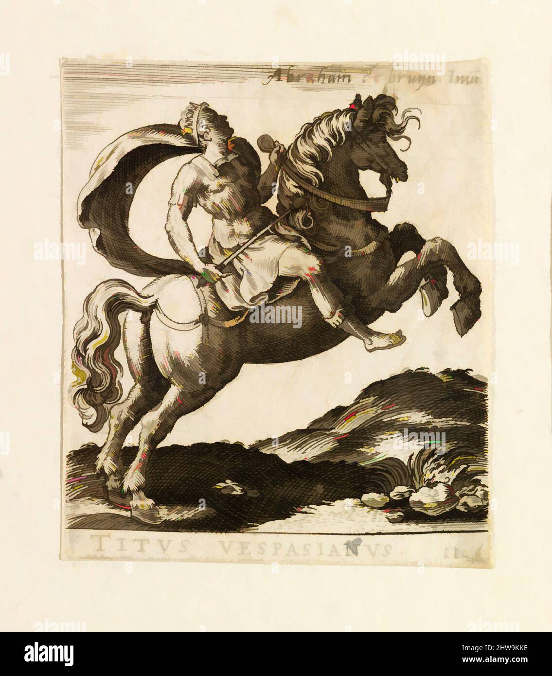 Kunst inspiriert von Zeichnungen und Druckgrafiken, Print, Titus Vespasianus von Twelve Caesars on Horseback, Künstler, Abraham de Bruyn, Flämisch, Antwerpen 1540, Klassische Werke, die von Artotop mit einem Hauch von Moderne modernisiert wurden. Formen, Farbe und Wert, auffällige visuelle Wirkung auf Kunst. Emotionen durch Freiheit von Kunstwerken auf zeitgemäße Weise. Eine zeitlose Botschaft, die eine wild kreative neue Richtung verfolgt. Künstler, die sich dem digitalen Medium zuwenden und die Artotop NFT erschaffen Stockfoto
