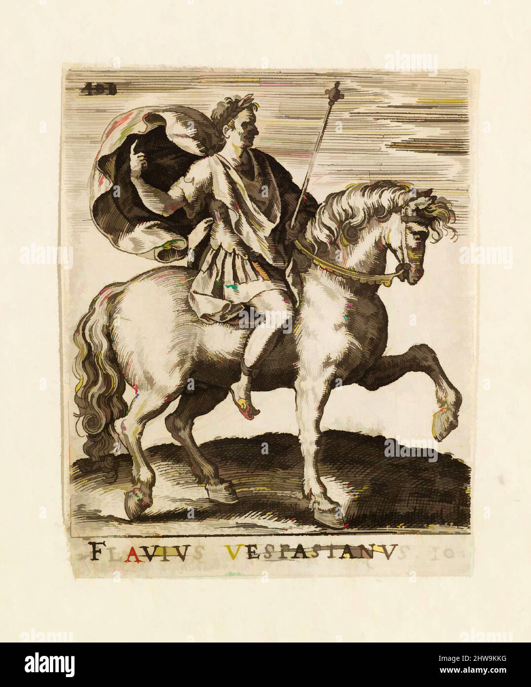 Kunst inspiriert von Zeichnungen und Druckgrafiken, Print, Flavius Vestasianus von Twelve Caesars on Horseback, Künstler, Abraham de Bruyn, Flämisch, Antwerpen, Klassische Werke, die von Artotop mit einem Hauch von Moderne modernisiert wurden. Formen, Farbe und Wert, auffällige visuelle Wirkung auf Kunst. Emotionen durch Freiheit von Kunstwerken auf zeitgemäße Weise. Eine zeitlose Botschaft, die eine wild kreative neue Richtung verfolgt. Künstler, die sich dem digitalen Medium zuwenden und die Artotop NFT erschaffen Stockfoto