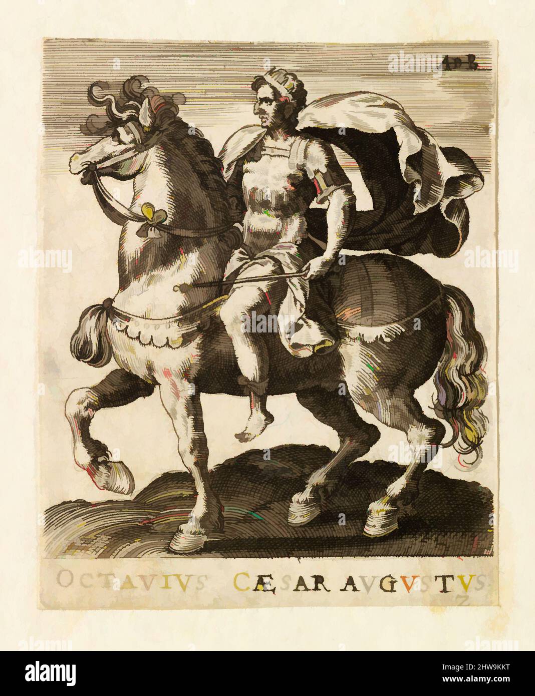 Kunst inspiriert von Zeichnungen und Drucken, Print, Octavius Caesar Augustus von Twelve Caesars on Horseback, Künstler, Abraham de Bruyn, Flämisch, Klassische Werke, die von Artotop mit einem Schuss Moderne modernisiert wurden. Formen, Farbe und Wert, auffällige visuelle Wirkung auf Kunst. Emotionen durch Freiheit von Kunstwerken auf zeitgemäße Weise. Eine zeitlose Botschaft, die eine wild kreative neue Richtung verfolgt. Künstler, die sich dem digitalen Medium zuwenden und die Artotop NFT erschaffen Stockfoto