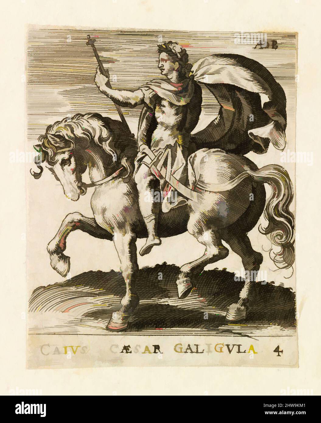 Kunst inspiriert von Zeichnungen und Druckgrafiken, Print, Caius Caesar Galigula aus Twelve Caesars on Horseback, Künstler, Abraham de Bruyn, Flämisch, Antwerpen, Klassische Werke, die von Artotop mit einem Hauch von Moderne modernisiert wurden. Formen, Farbe und Wert, auffällige visuelle Wirkung auf Kunst. Emotionen durch Freiheit von Kunstwerken auf zeitgemäße Weise. Eine zeitlose Botschaft, die eine wild kreative neue Richtung verfolgt. Künstler, die sich dem digitalen Medium zuwenden und die Artotop NFT erschaffen Stockfoto