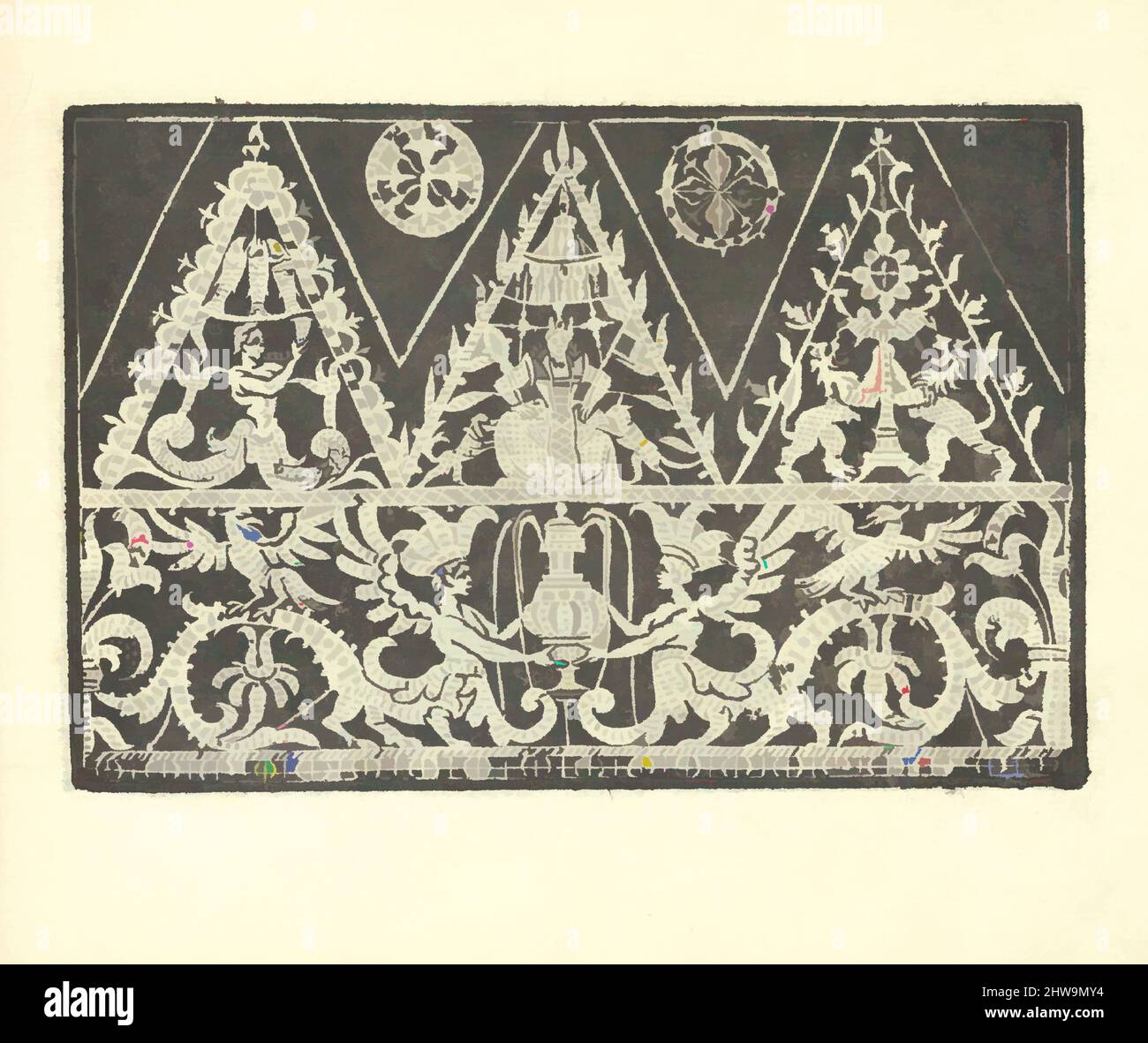 Kunst inspiriert von Zeichnungen und Druckgrafiken, Buchdrucke Ornament & Architektur, Corona delle Nobili et Virtuose Donne: Libro IV, Seite 63 (recto, Klassische Werke, die von Artotop mit einem Schuss Moderne modernisiert wurden. Formen, Farbe und Wert, auffällige visuelle Wirkung auf Kunst. Emotionen durch Freiheit von Kunstwerken auf zeitgemäße Weise. Eine zeitlose Botschaft, die eine wild kreative neue Richtung verfolgt. Künstler, die sich dem digitalen Medium zuwenden und die Artotop NFT erschaffen Stockfoto