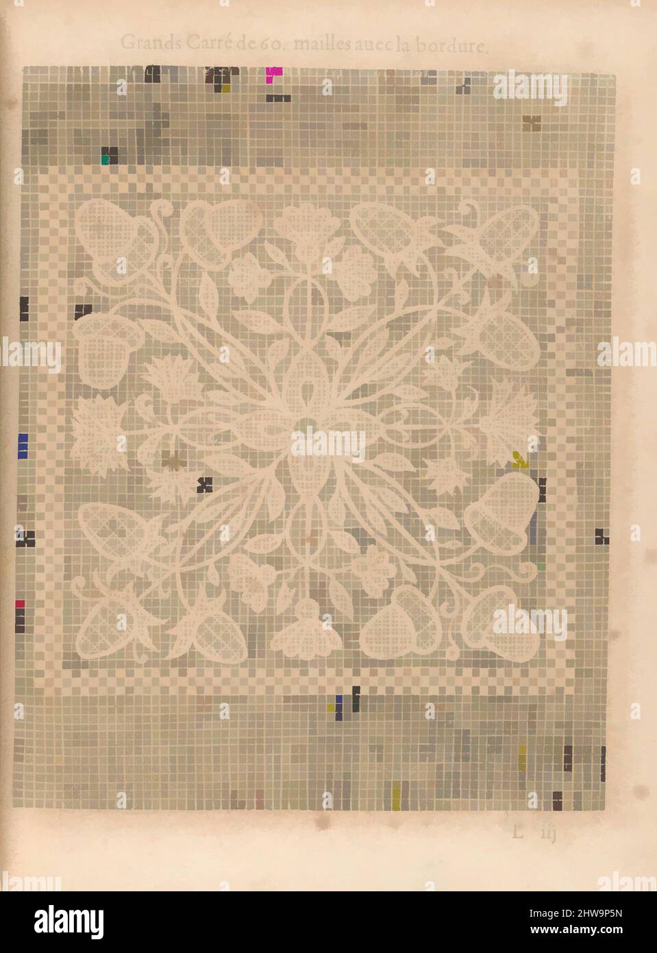 Kunst inspiriert von Zeichnungen und Druckgrafiken, Buchdrucke Ornament & Architektur, La Pratique de l'Aiguille, Seite 42 (recto), Autor, Kupferstecher, Klassische Werke, die von Artotop mit einem Schuss Moderne modernisiert wurden. Formen, Farbe und Wert, auffällige visuelle Wirkung auf Kunst. Emotionen durch Freiheit von Kunstwerken auf zeitgemäße Weise. Eine zeitlose Botschaft, die eine wild kreative neue Richtung verfolgt. Künstler, die sich dem digitalen Medium zuwenden und die Artotop NFT erschaffen Stockfoto