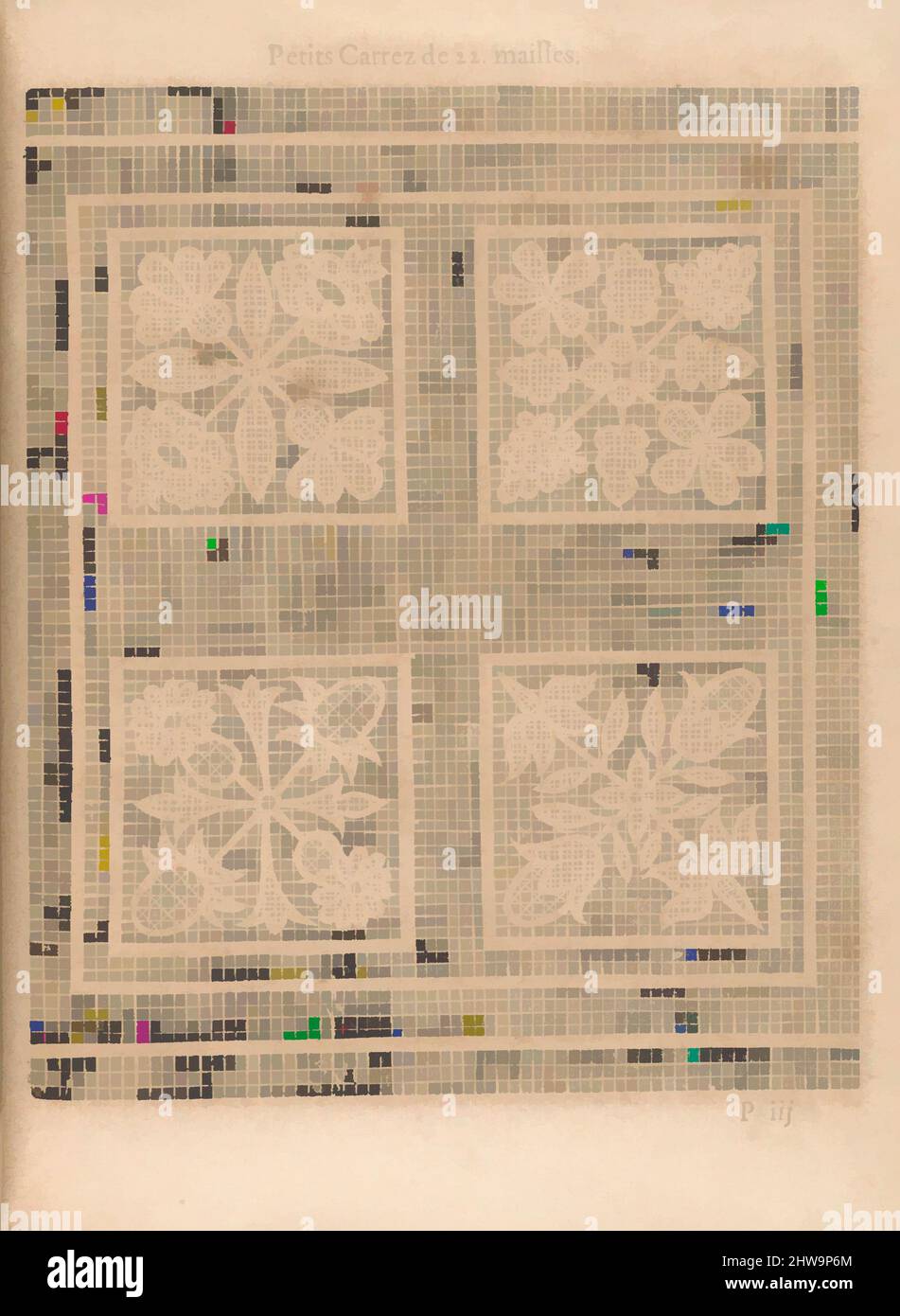 Kunst inspiriert von Zeichnungen und Druckgrafiken, Buchdrucke Ornament & Architektur, La Pratique de l'Aiguille, Seite 58 (recto), Autor, Kupferstecher, Klassische Werke, die von Artotop mit einem Schuss Moderne modernisiert wurden. Formen, Farbe und Wert, auffällige visuelle Wirkung auf Kunst. Emotionen durch Freiheit von Kunstwerken auf zeitgemäße Weise. Eine zeitlose Botschaft, die eine wild kreative neue Richtung verfolgt. Künstler, die sich dem digitalen Medium zuwenden und die Artotop NFT erschaffen Stockfoto