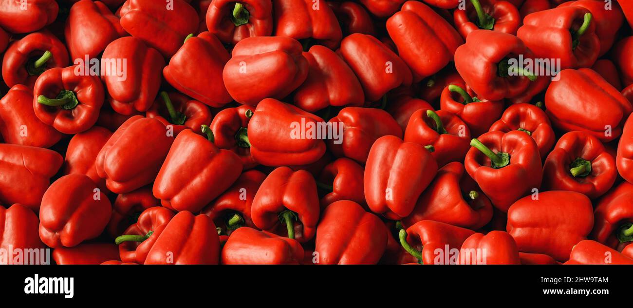 Viele rote organische Paprika oder Paprika auf dem Markt zum Verkauf. Stapel von süßen Paprika Paprika Hintergrund. Stockfoto