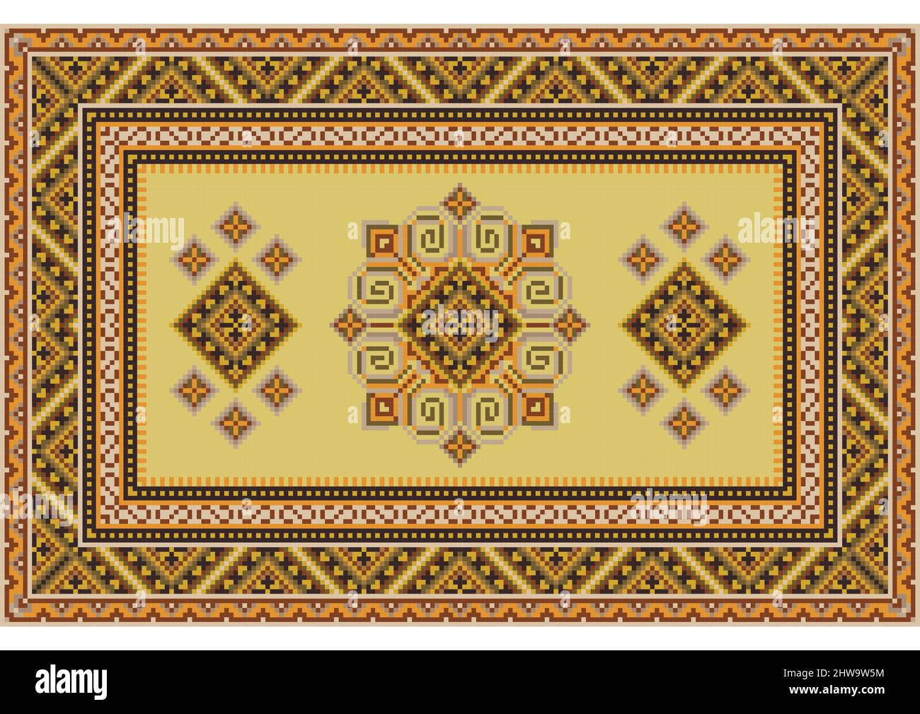 Teppich in hellen Farbtönen mit einem gemusterten Rand um die Ränder und einer hellgelben Mitte, mit einem Muster aus Wirbeln und Rauten in Brauentönen Stock Vektor