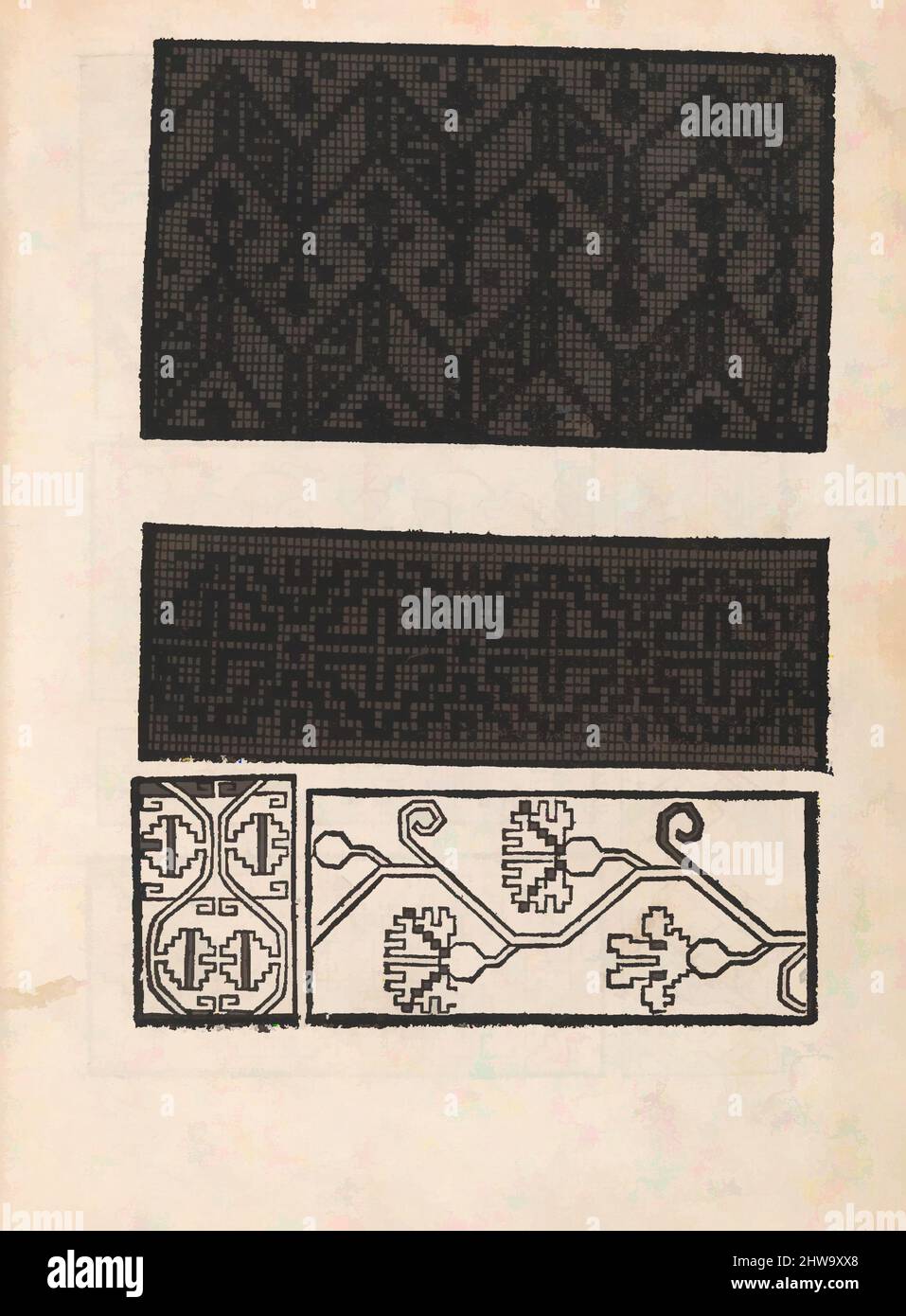Kunst inspiriert von Zeichnungen und Druckgrafiken, Buchdrucke Ornament und Architektur, Modellbuch aller Art Nehens vn Stickens (Seite 4r), Verlag, Klassische Werke, die von Artotop mit einem Schuss Moderne modernisiert wurden. Formen, Farbe und Wert, auffällige visuelle Wirkung auf Kunst. Emotionen durch Freiheit von Kunstwerken auf zeitgemäße Weise. Eine zeitlose Botschaft, die eine wild kreative neue Richtung verfolgt. Künstler, die sich dem digitalen Medium zuwenden und die Artotop NFT erschaffen Stockfoto