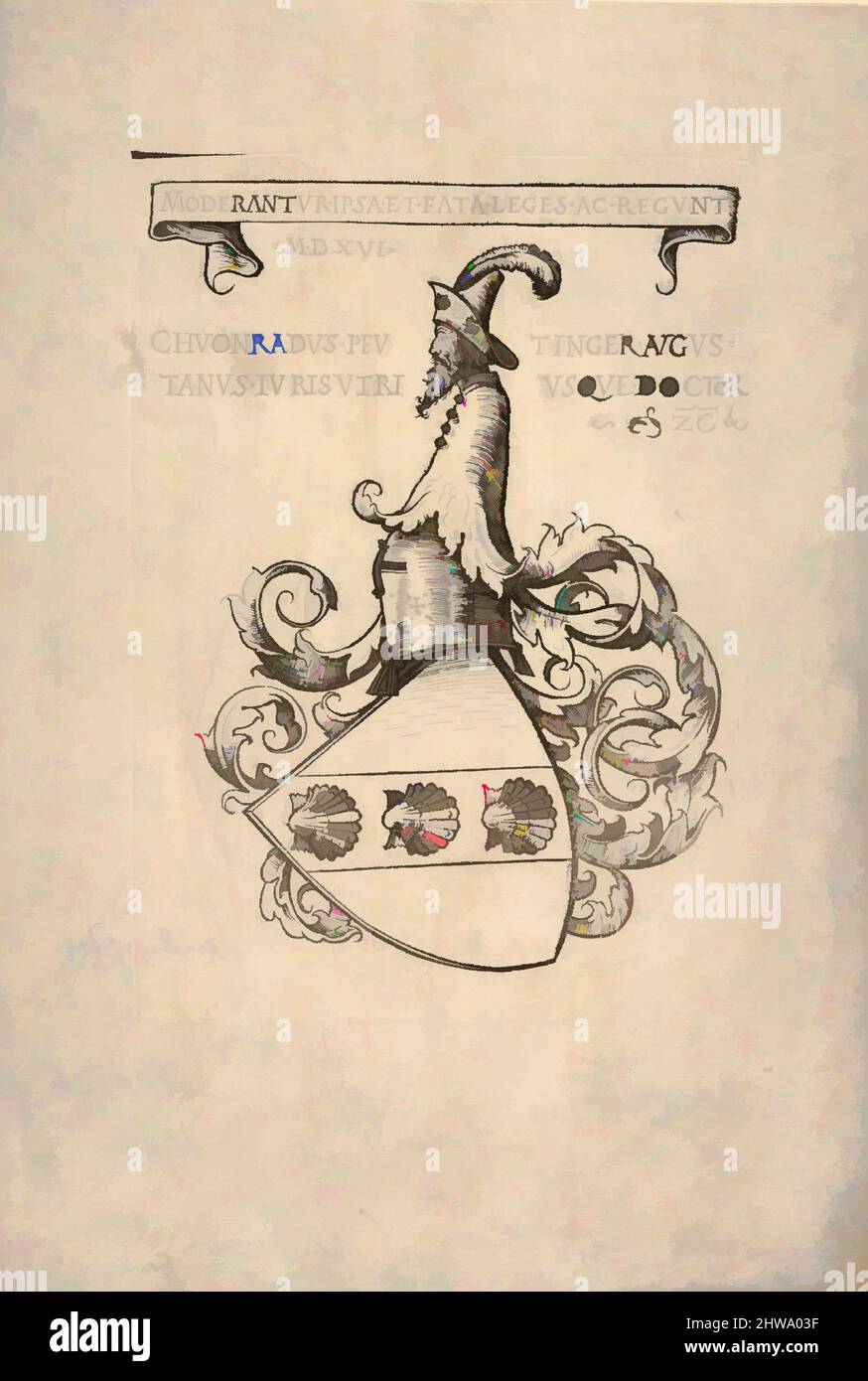 Kunst inspiriert von Bookplate mit dem Wappen von Konrad Peutinger, Hans Burgkmair (deutsch, Augsburg 1473–1531 Augsburg), 1516, Klassische Werke, die von Artotop mit einem Schuss Moderne modernisiert wurden. Formen, Farbe und Wert, auffällige visuelle Wirkung auf Kunst. Emotionen durch Freiheit von Kunstwerken auf zeitgemäße Weise. Eine zeitlose Botschaft, die eine wild kreative neue Richtung verfolgt. Künstler, die sich dem digitalen Medium zuwenden und die Artotop NFT erschaffen Stockfoto