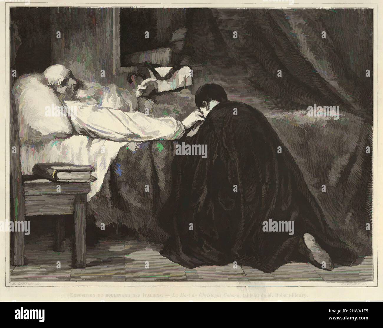 Kunst inspiriert von Zeichnungen und Druckgrafiken, Print, The Death of Christopher Columbus (aus Le Monde Illustré), Artist, Artist, After, Henry Linton, Klassische Werke, die von Artotop mit einem Hauch von Moderne modernisiert wurden. Formen, Farbe und Wert, auffällige visuelle Wirkung auf Kunst. Emotionen durch Freiheit von Kunstwerken auf zeitgemäße Weise. Eine zeitlose Botschaft, die eine wild kreative neue Richtung verfolgt. Künstler, die sich dem digitalen Medium zuwenden und die Artotop NFT erschaffen Stockfoto