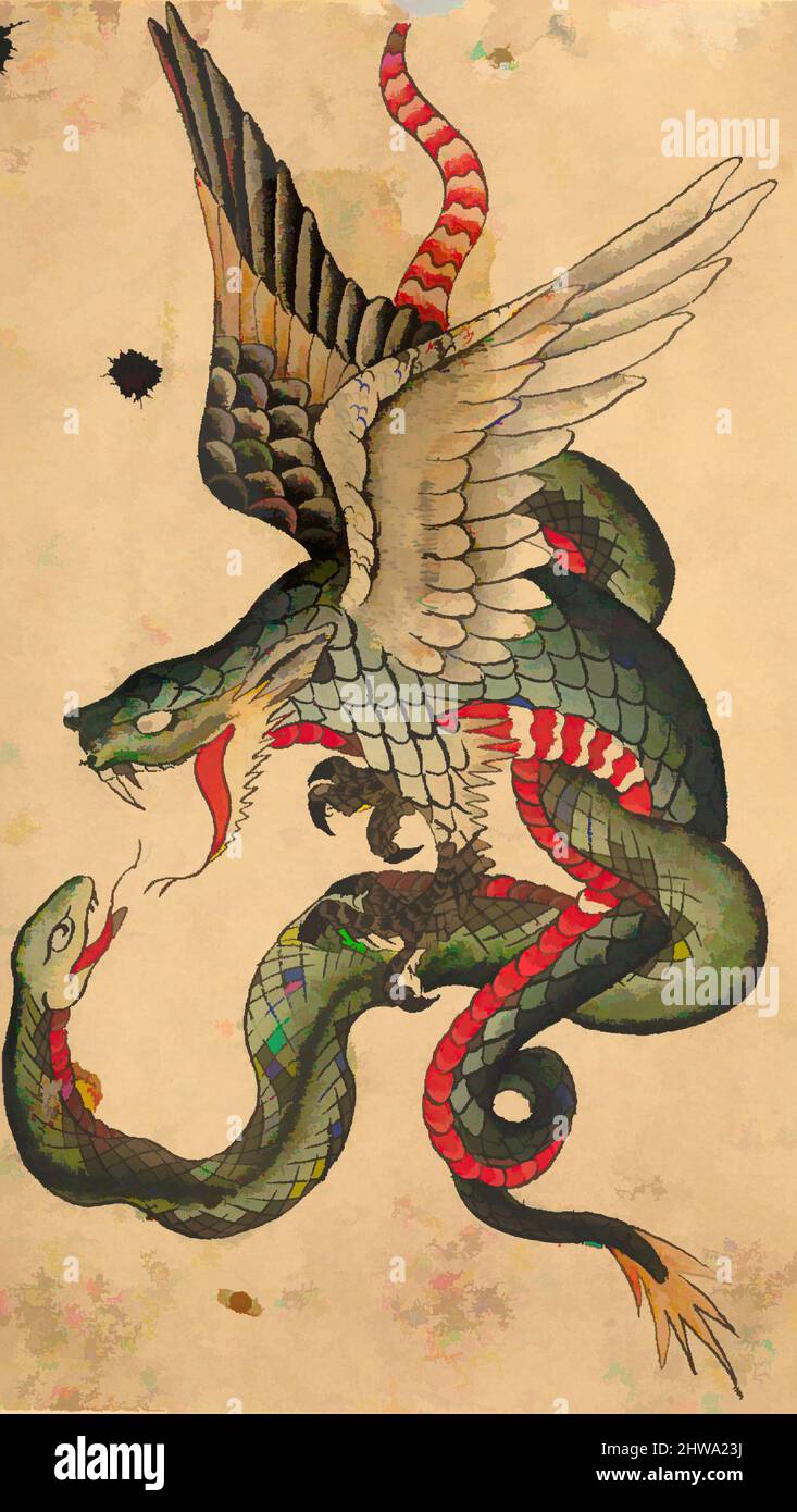 Kunst inspiriert von Zeichnungen und Druckgrafiken, Zeichnungen Ephemera, Tattoo Design with a Dragon and Snake (inspiriert von japanischen Beispielen, Classic Works modernisiert von Artotop mit einem Schuss Moderne. Formen, Farbe und Wert, auffällige visuelle Wirkung auf Kunst. Emotionen durch Freiheit von Kunstwerken auf zeitgemäße Weise. Eine zeitlose Botschaft, die eine wild kreative neue Richtung verfolgt. Künstler, die sich dem digitalen Medium zuwenden und die Artotop NFT erschaffen Stockfoto