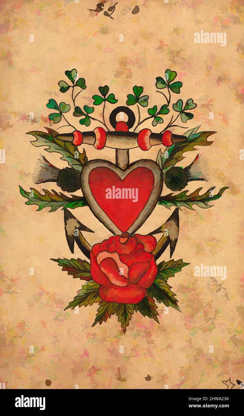 Kunst inspiriert von Zeichnungen und Druckgrafiken, Zeichnungen Ephemera, Tattoo Design mit Anker, Künstler, Clark & Sellers, Amerikaner, aktiv 20. Jahrhundert, Klassische Werke, die von Artotop mit einem Hauch von Moderne modernisiert wurden. Formen, Farbe und Wert, auffällige visuelle Wirkung auf Kunst. Emotionen durch Freiheit von Kunstwerken auf zeitgemäße Weise. Eine zeitlose Botschaft, die eine wild kreative neue Richtung verfolgt. Künstler, die sich dem digitalen Medium zuwenden und die Artotop NFT erschaffen Stockfoto