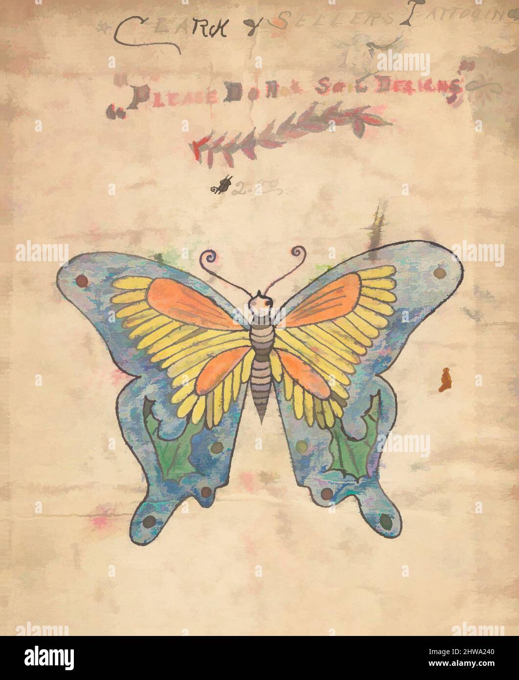 Kunst inspiriert von Zeichnungen und Druckgrafiken, Zeichnungen Ephemera, Tattoo Design for a Butterfly, Künstler, Clark & Sellers, Amerikaner, aktiv 20. Jahrhundert, Klassische Werke, die von Artotop mit einem Hauch von Moderne modernisiert wurden. Formen, Farbe und Wert, auffällige visuelle Wirkung auf Kunst. Emotionen durch Freiheit von Kunstwerken auf zeitgemäße Weise. Eine zeitlose Botschaft, die eine wild kreative neue Richtung verfolgt. Künstler, die sich dem digitalen Medium zuwenden und die Artotop NFT erschaffen Stockfoto