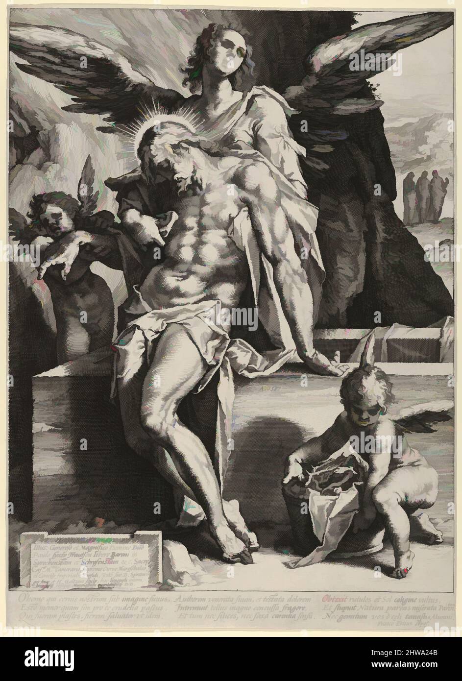 Kunst inspiriert von Zeichnungen und Druckgrafiken, Print, The Dead Saviour unterstützt von Angel, Artist, After, Hendrick Goltzius, Bartholomeus Spranger, Klassische Werke, die von Artotop mit einem Hauch von Moderne modernisiert wurden. Formen, Farbe und Wert, auffällige visuelle Wirkung auf Kunst. Emotionen durch Freiheit von Kunstwerken auf zeitgemäße Weise. Eine zeitlose Botschaft, die eine wild kreative neue Richtung verfolgt. Künstler, die sich dem digitalen Medium zuwenden und die Artotop NFT erschaffen Stockfoto